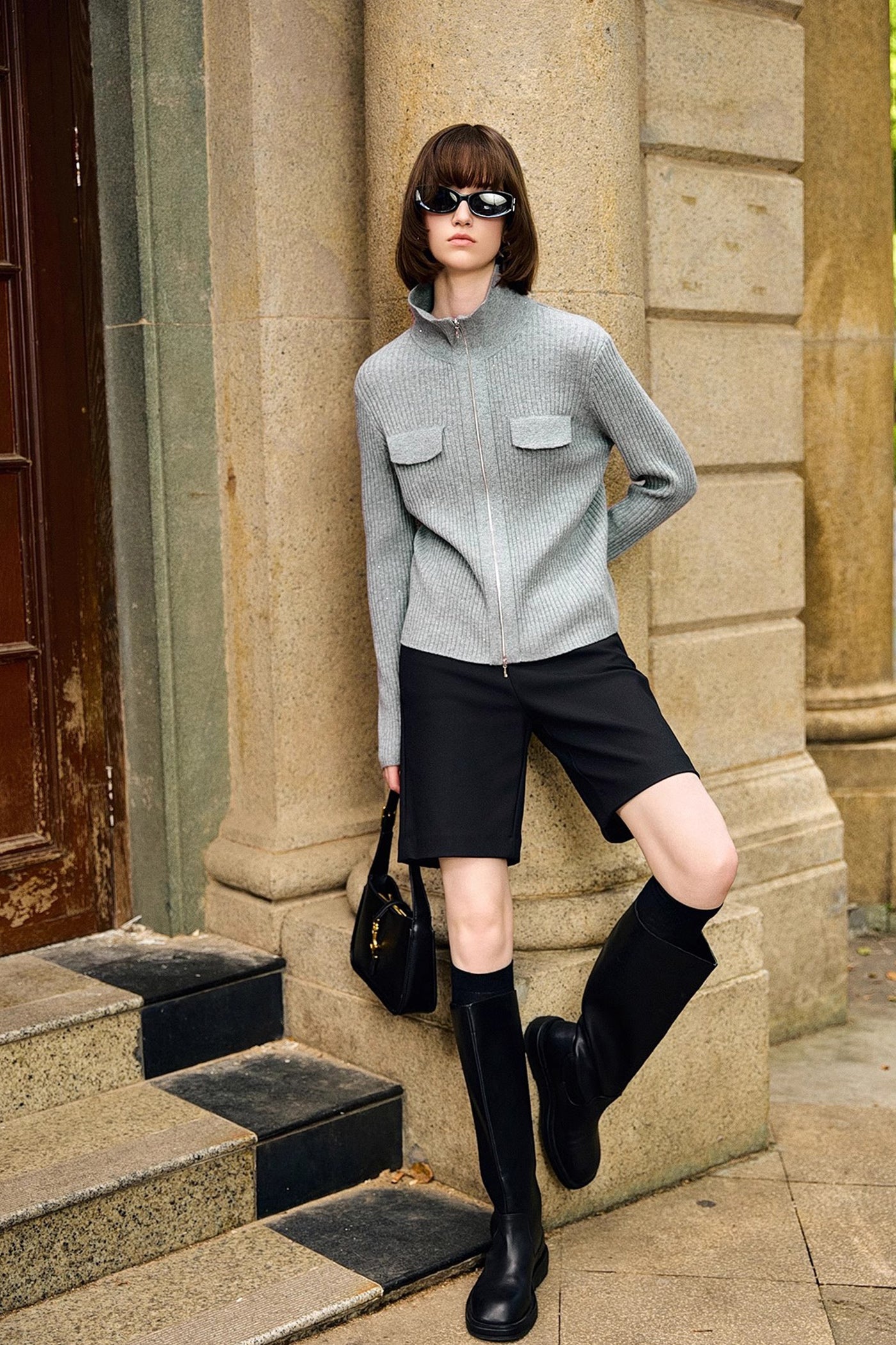 KAMILAN Zip-Front Ribbed Knit Cardigan with Stand Collar