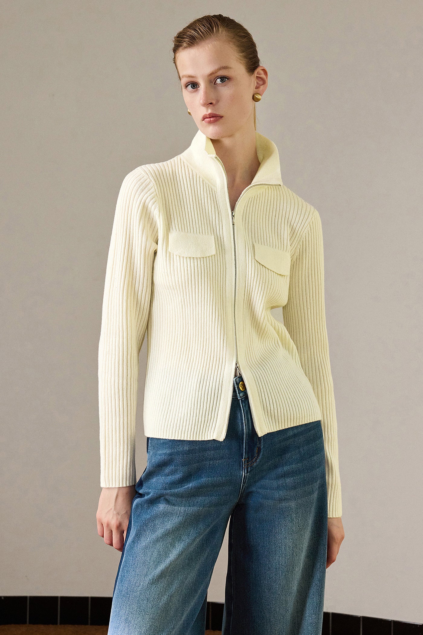 KAMILAN Zip-Front Ribbed Knit Cardigan with Stand Collar