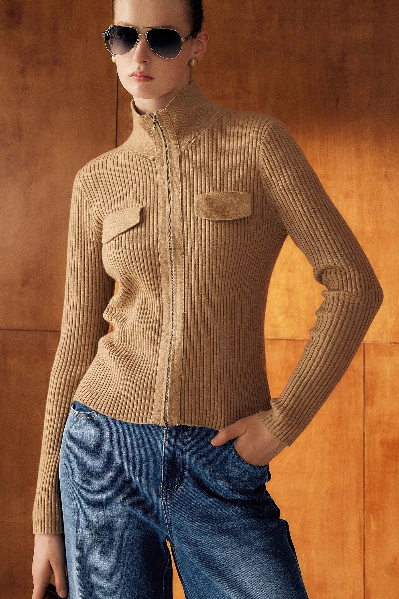 KAMILAN Zip-Front Ribbed Knit Cardigan with Stand Collar
