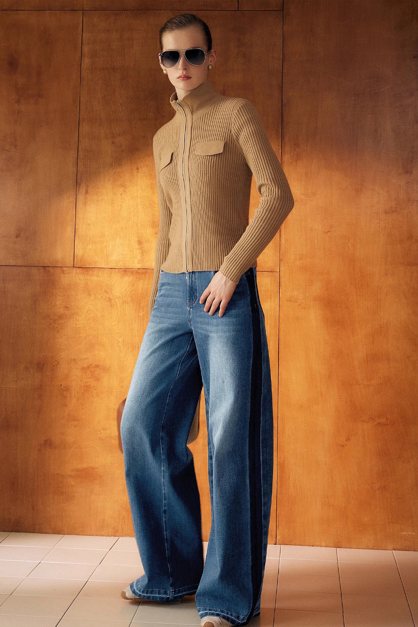 KAMILAN Zip-Front Ribbed Knit Cardigan with Stand Collar