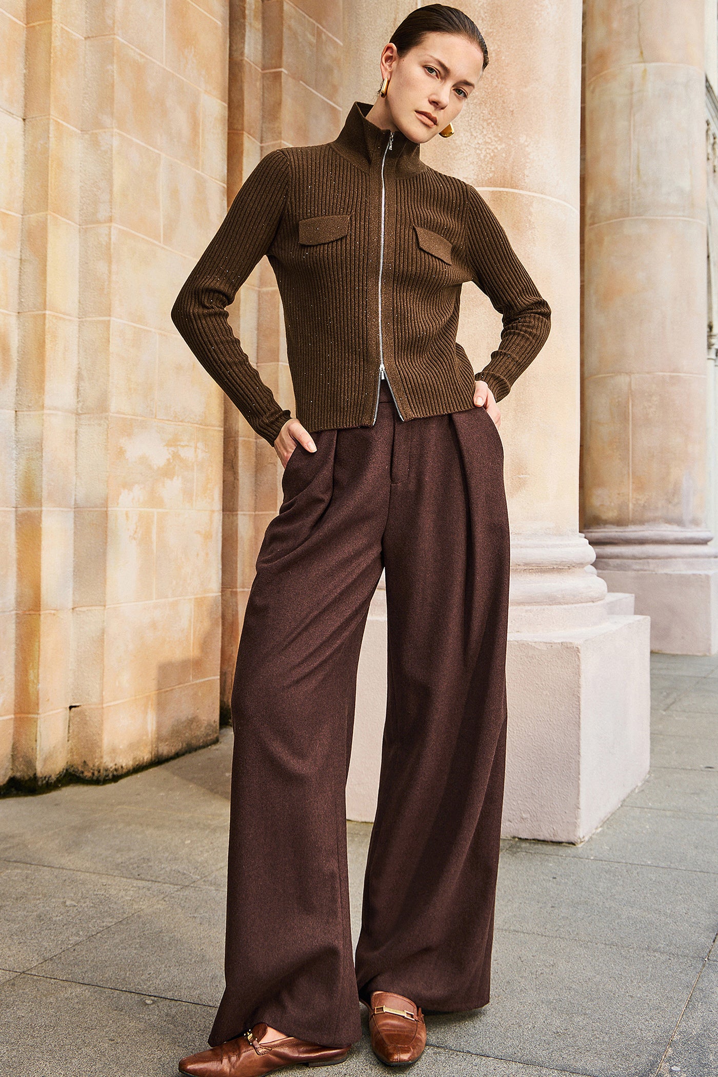 KAMILAN Zip-Front Ribbed Knit Cardigan with Stand Collar