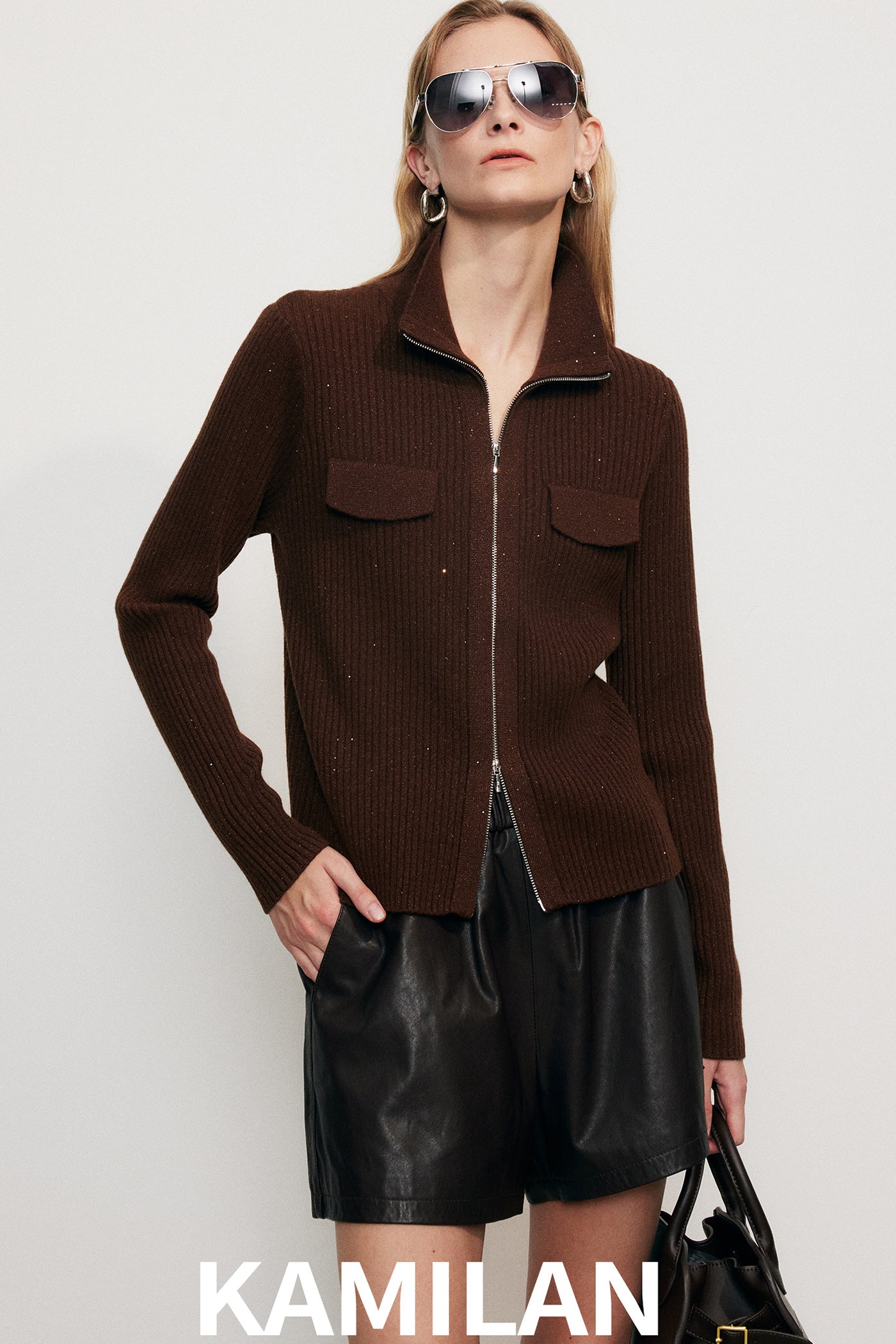 KAMILAN Zip-Front Ribbed Knit Cardigan with Stand Collar