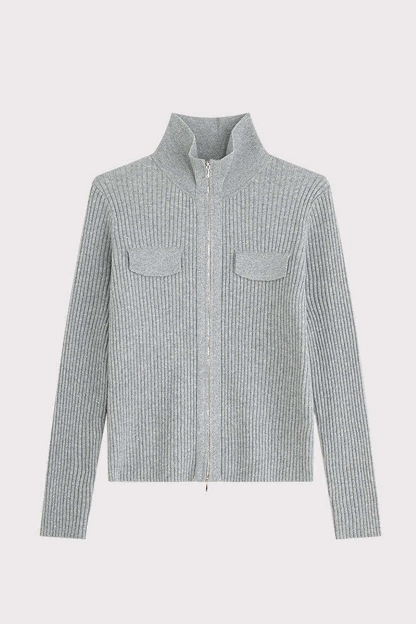 KAMILAN Zip-Front Ribbed Knit Cardigan with Stand Collar