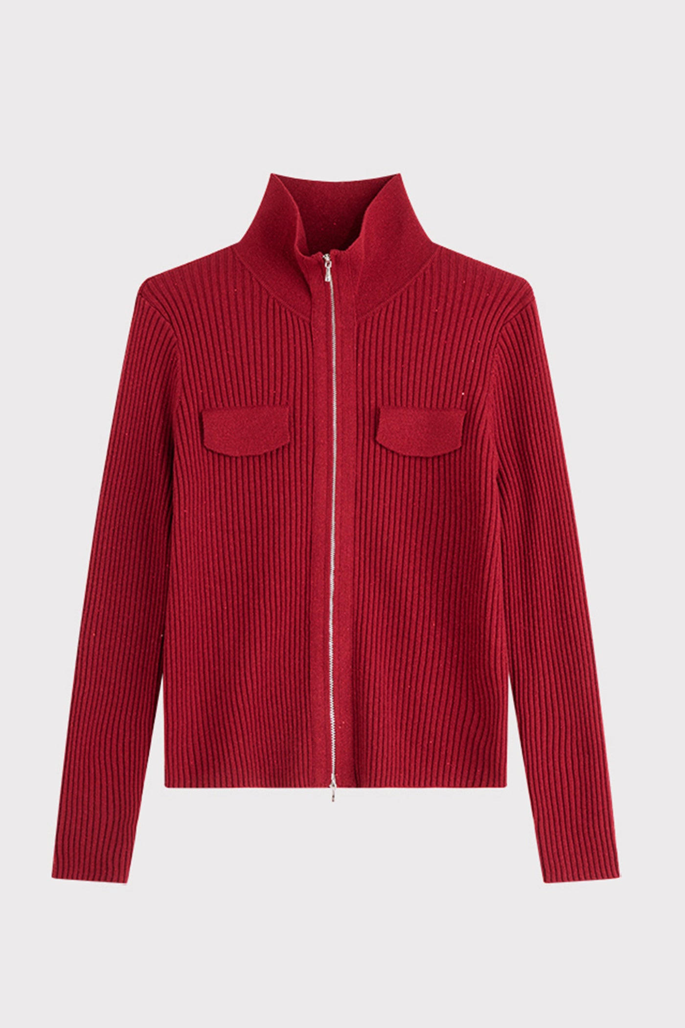 KAMILAN Zip-Front Ribbed Knit Cardigan with Stand Collar