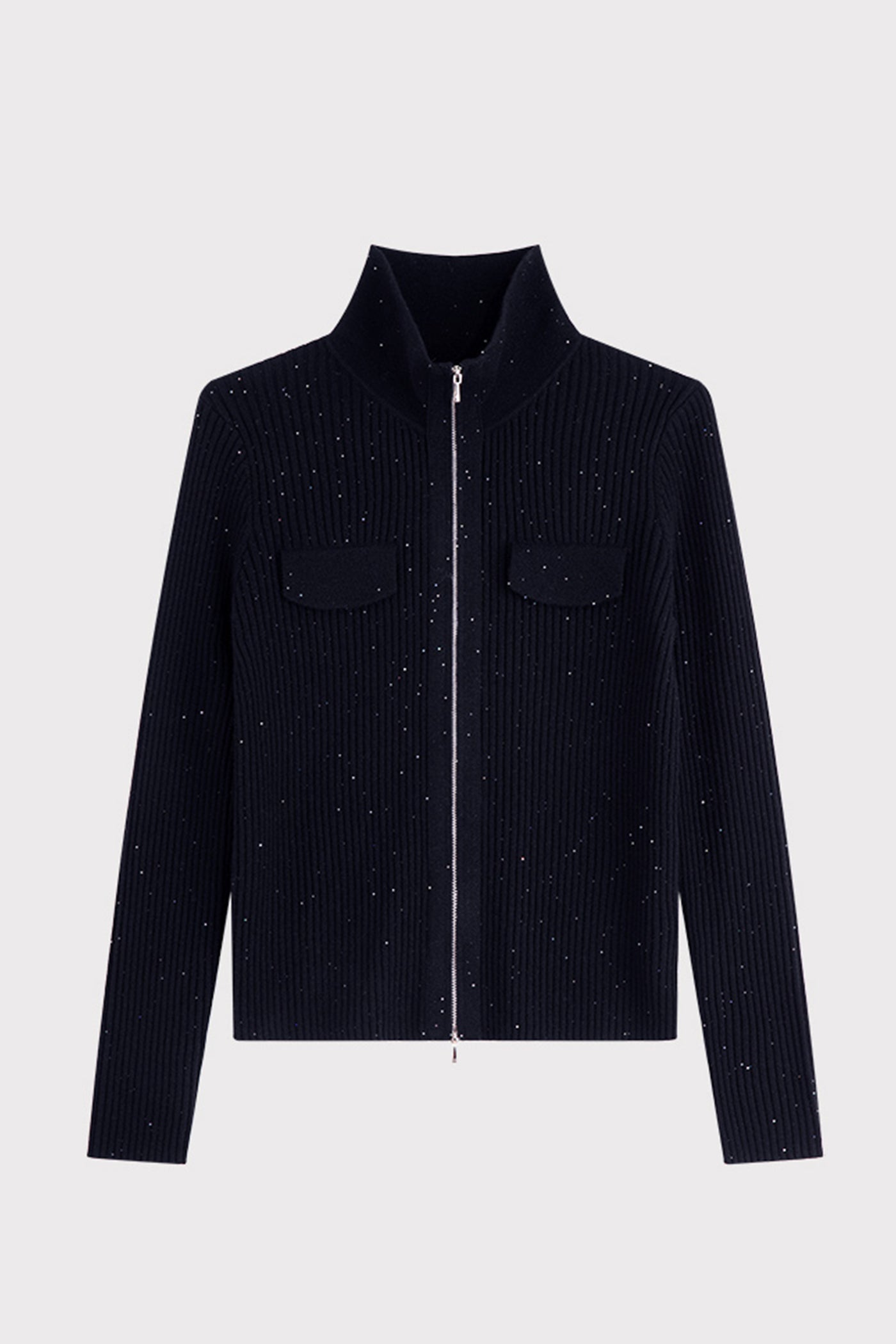 KAMILAN Zip-Front Ribbed Knit Cardigan with Stand Collar