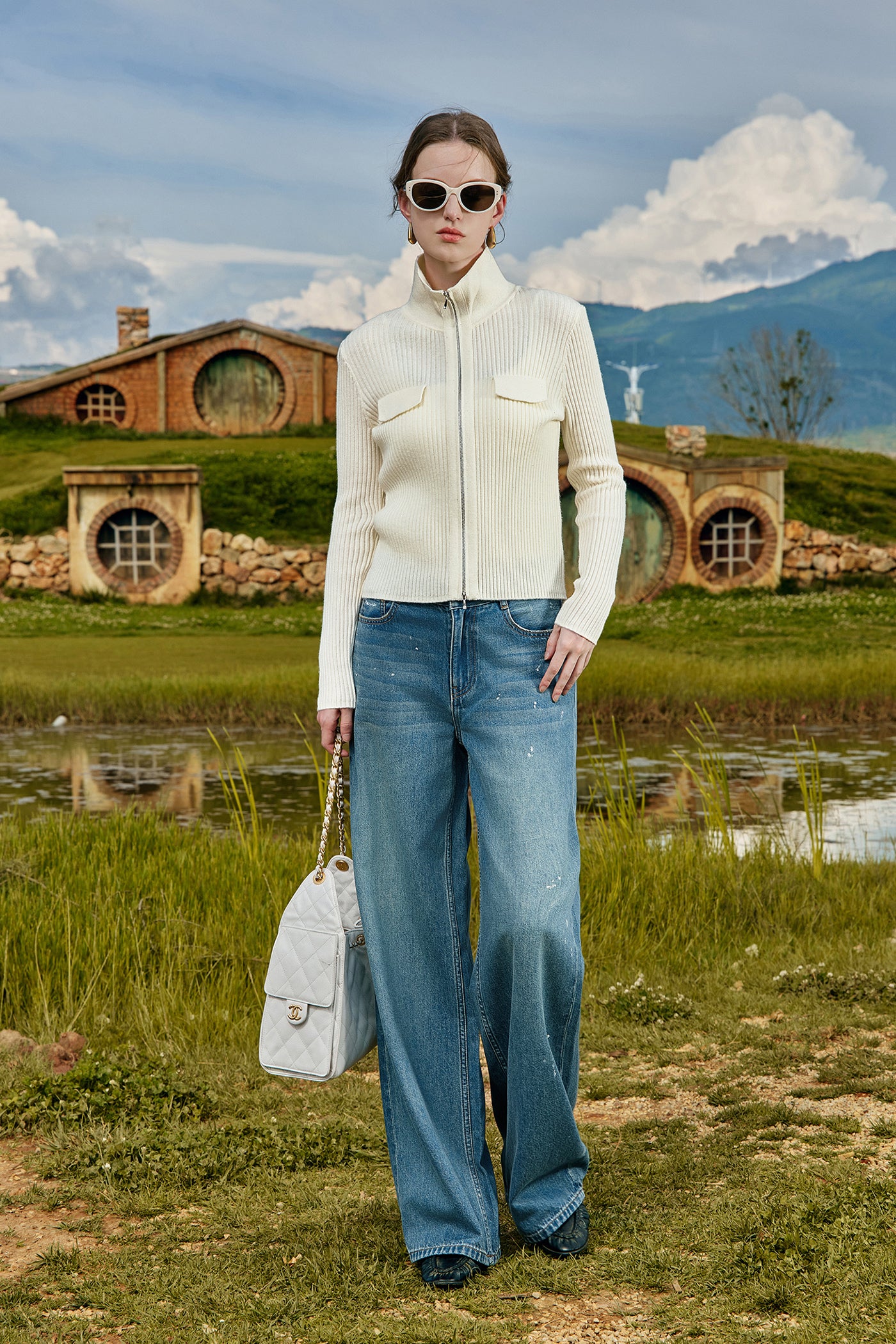 KAMILAN Zip-Front Ribbed Knit Cardigan with Stand Collar