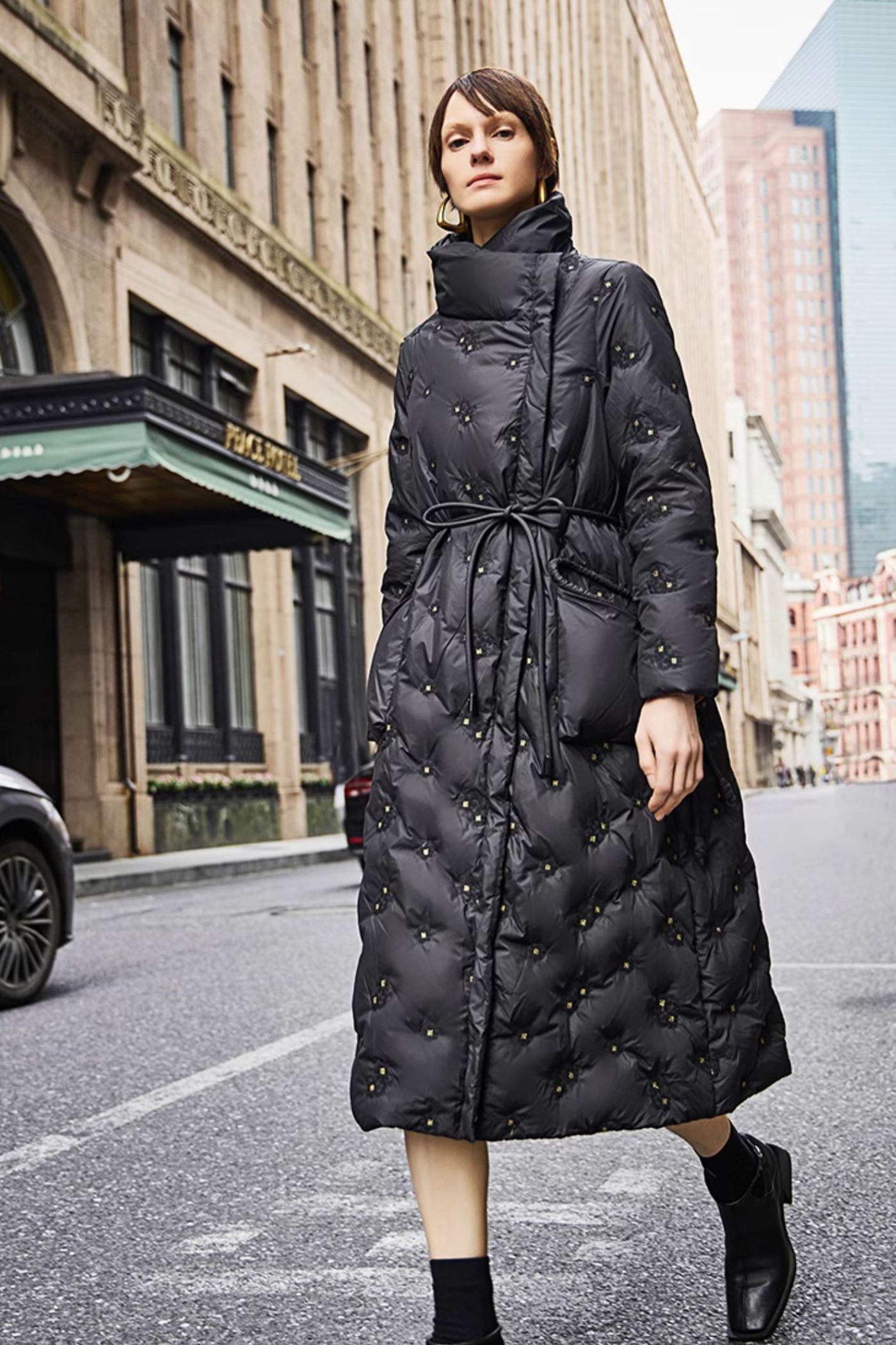 KAMILAN Belted Quilted Down Coat with Textured Embroidered Accents in Black