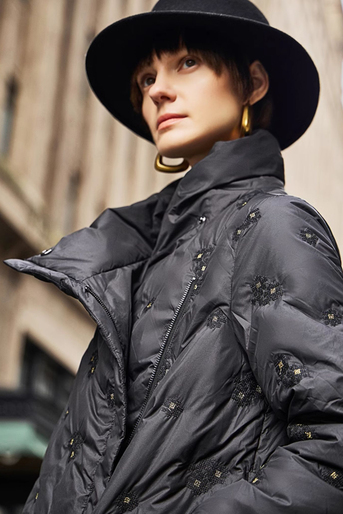 KAMILAN Belted Quilted Down Coat with Textured Embroidered Accents in Black
