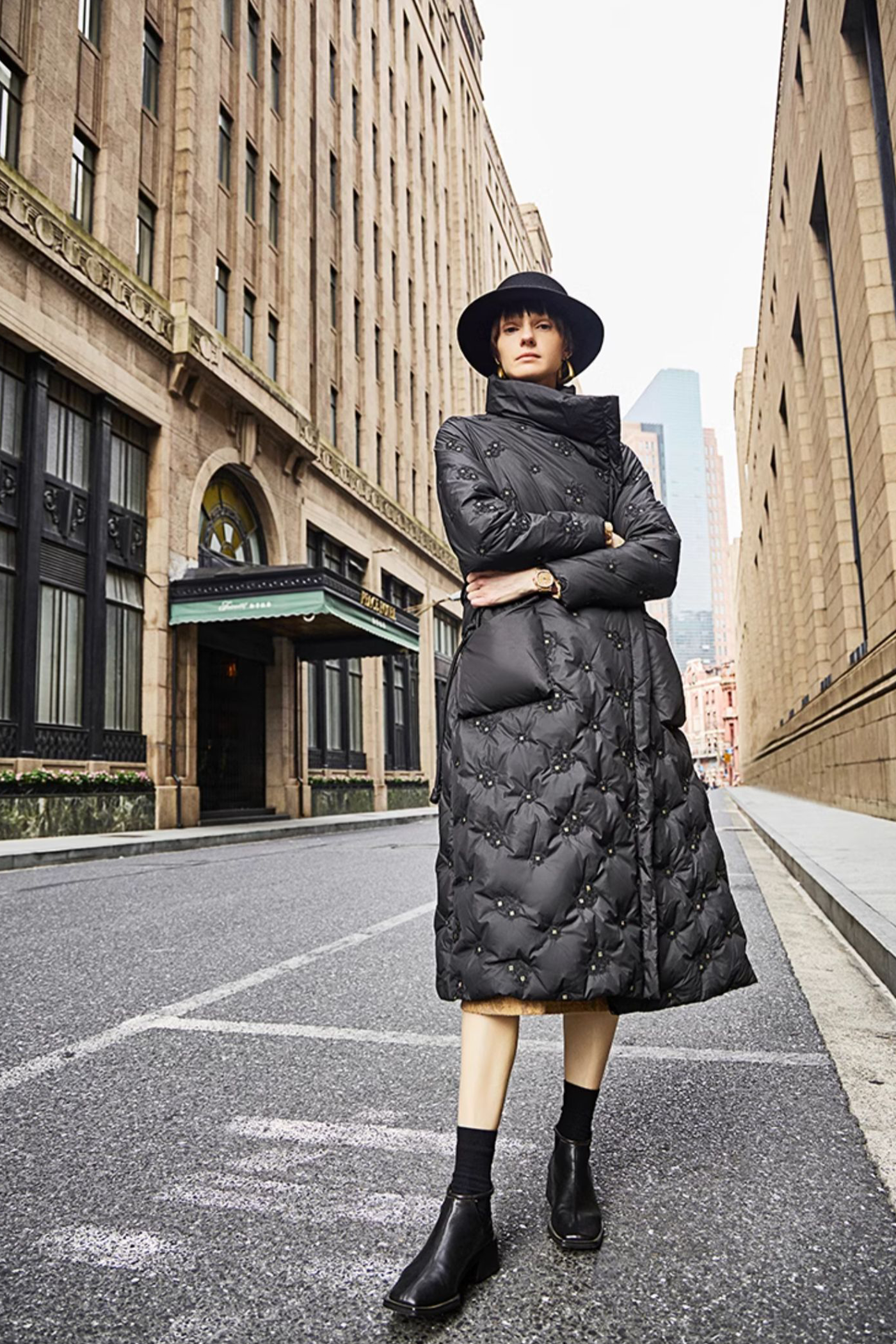 KAMILAN Belted Quilted Down Coat with Textured Embroidered Accents in Black