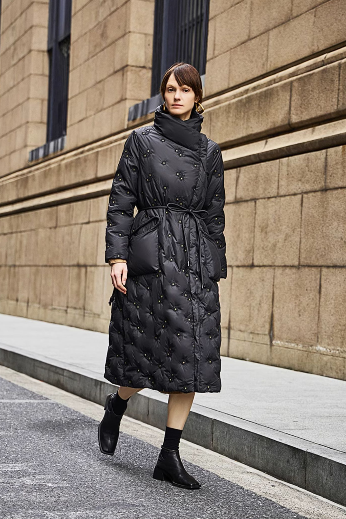 KAMILAN Belted Quilted Down Coat with Textured Embroidered Accents in Black