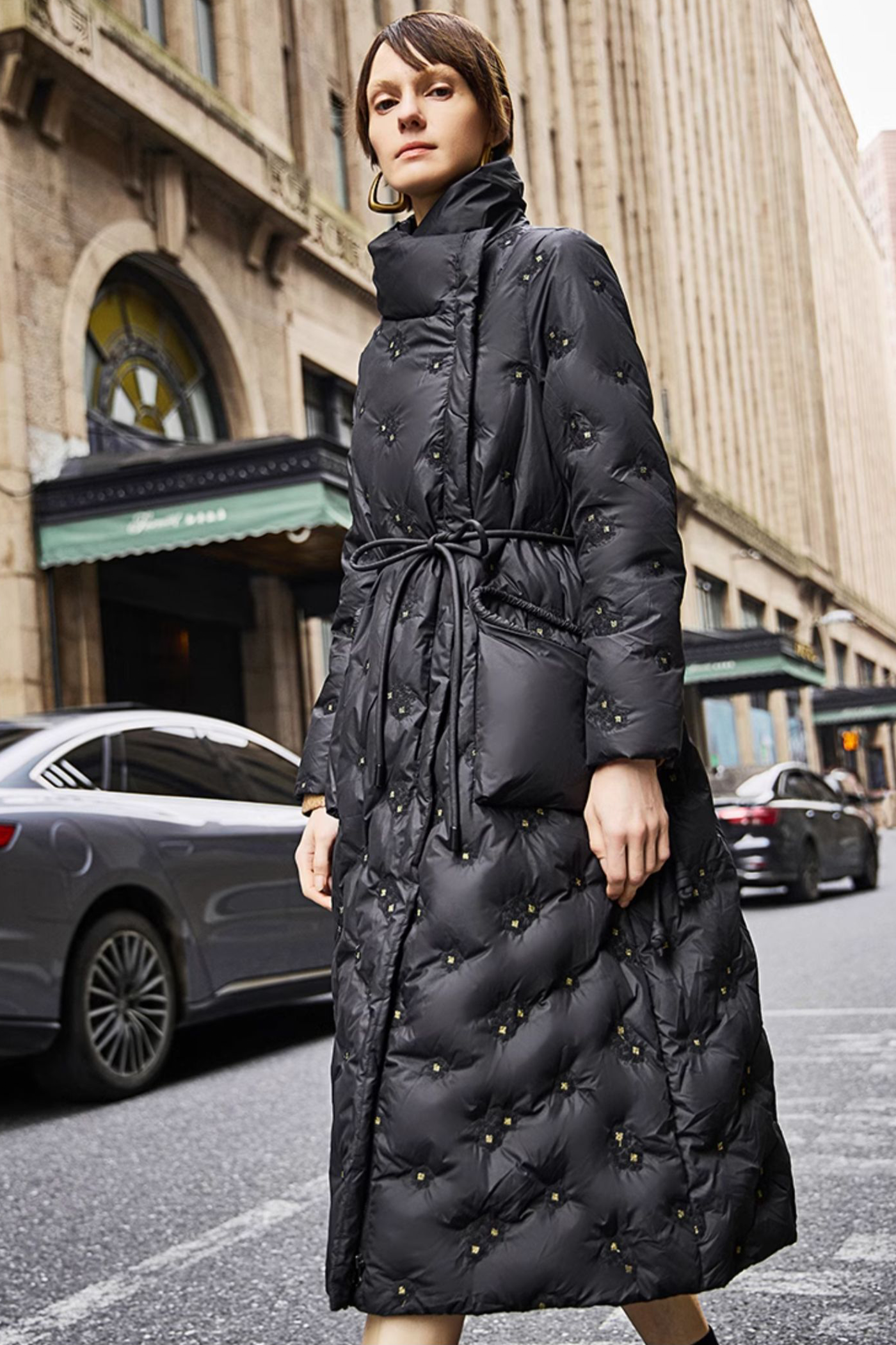 KAMILAN Belted Quilted Down Coat with Textured Embroidered Accents in Black