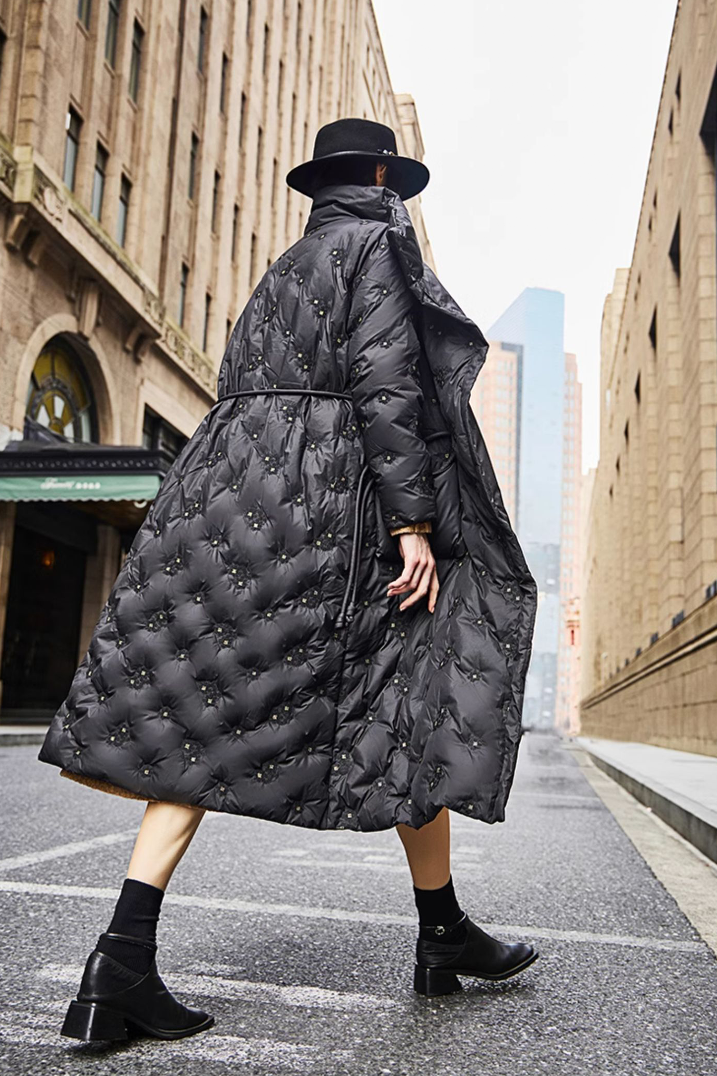 KAMILAN Belted Quilted Down Coat with Textured Embroidered Accents in Black