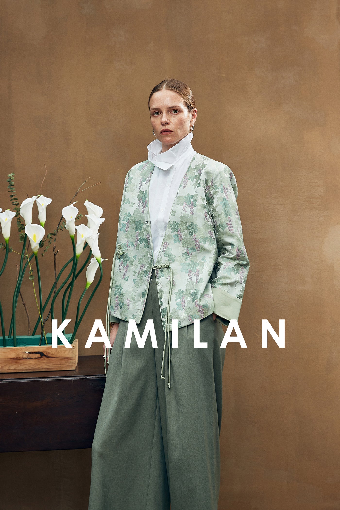 KAMILAN Floral Jacquard Jacket with Adjustable Drawstring Wais