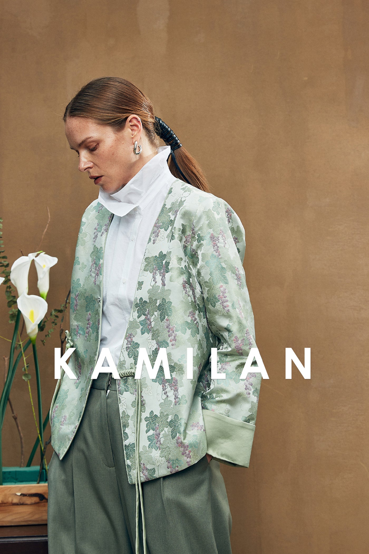 KAMILAN Floral Jacquard Jacket with Adjustable Drawstring Wais