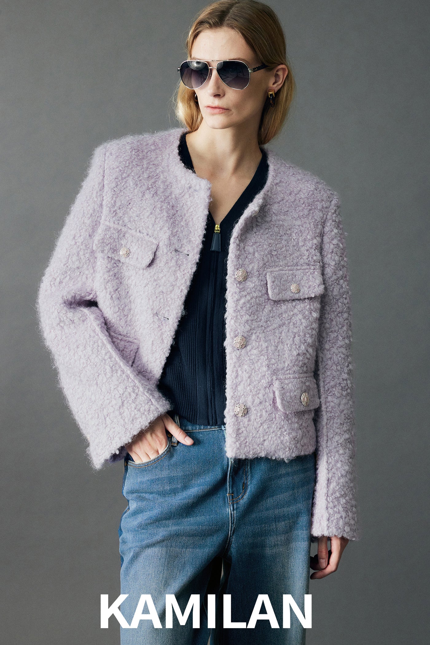 KAMILAN Lilac Wool-Blend Textured Short Jacket