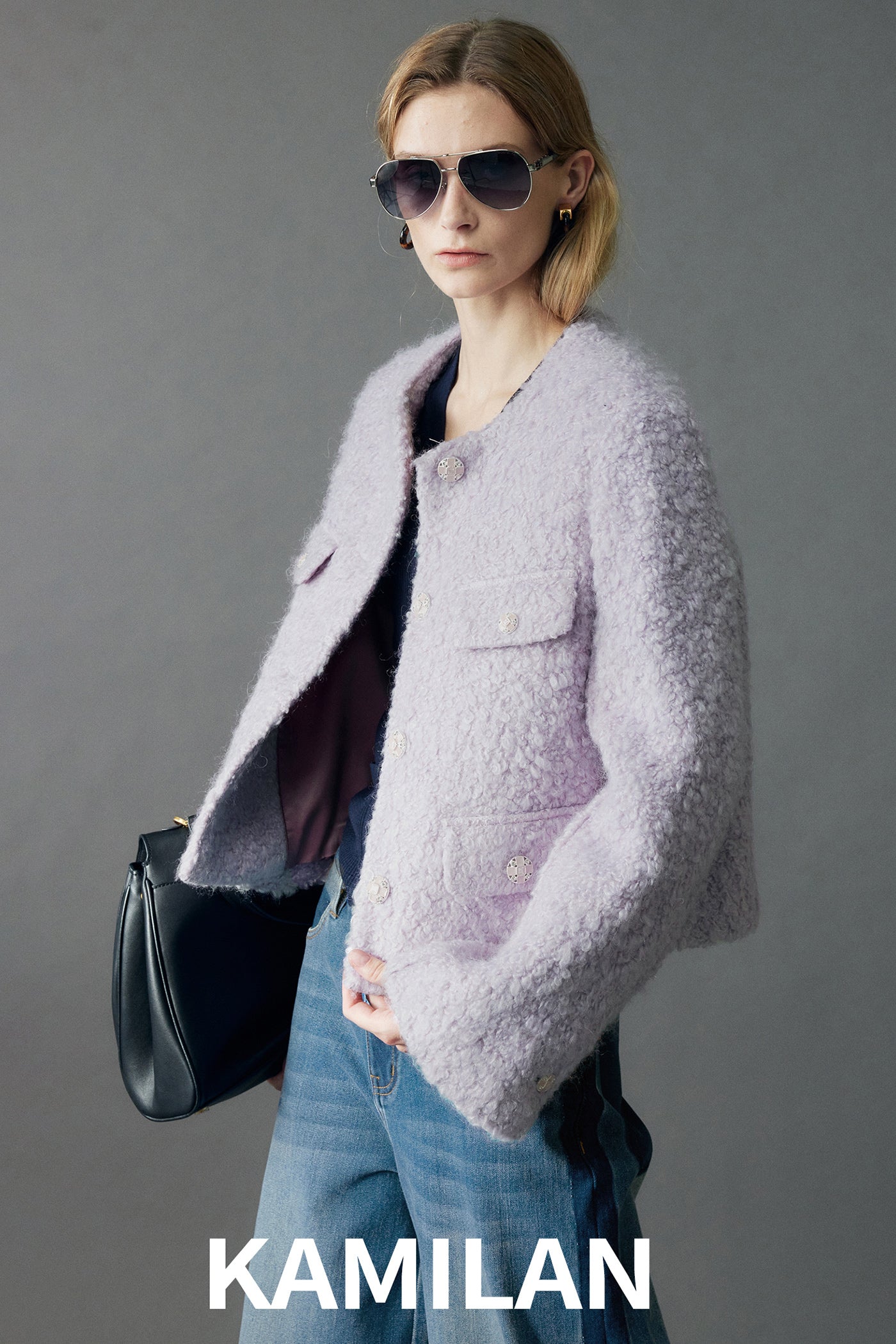 KAMILAN Lilac Wool-Blend Textured Short Jacket