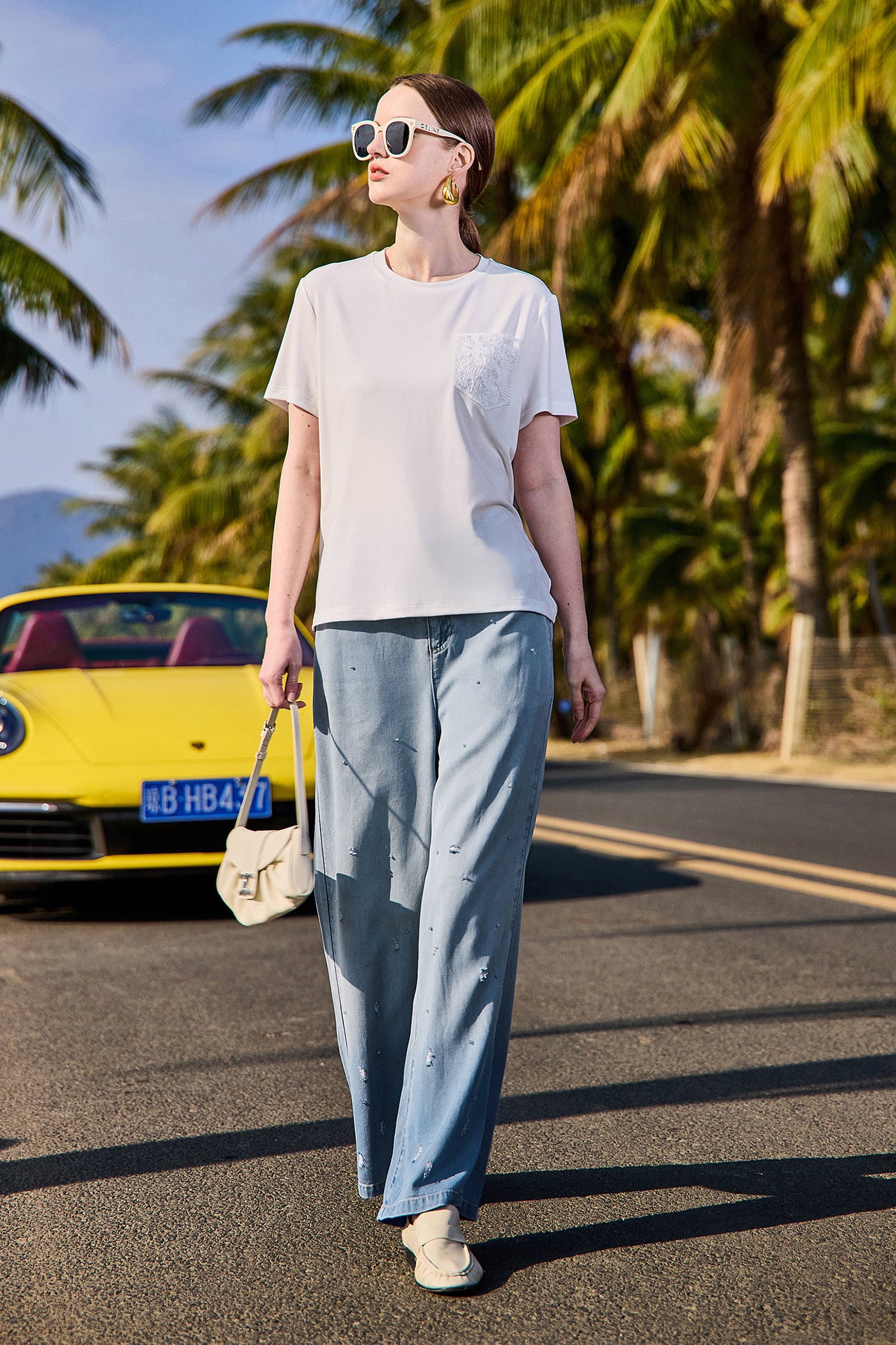 KAMILAN Ivory White Tee with Embroidered Pocket Detail