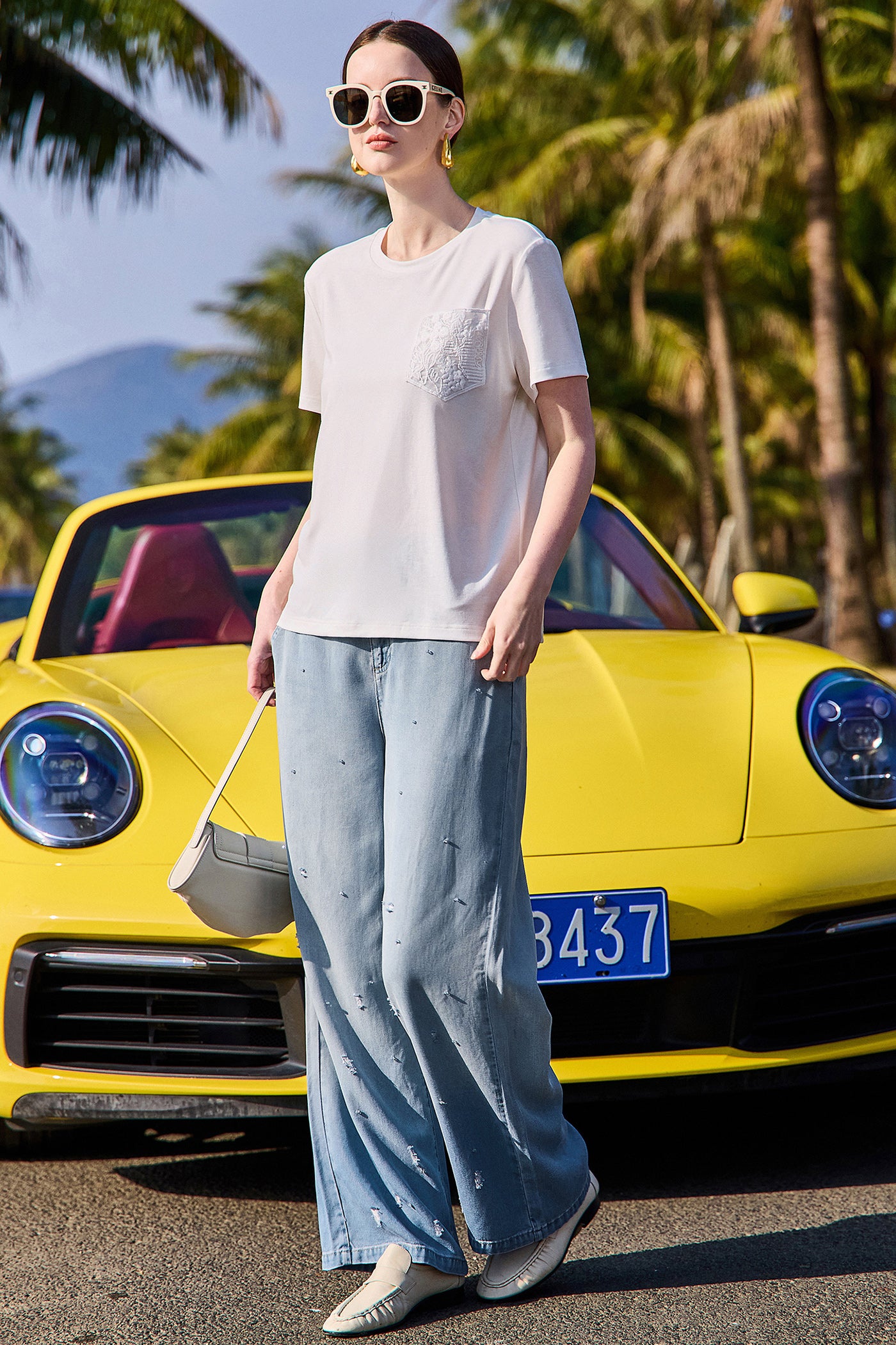 KAMILAN Ivory White Tee with Embroidered Pocket Detail