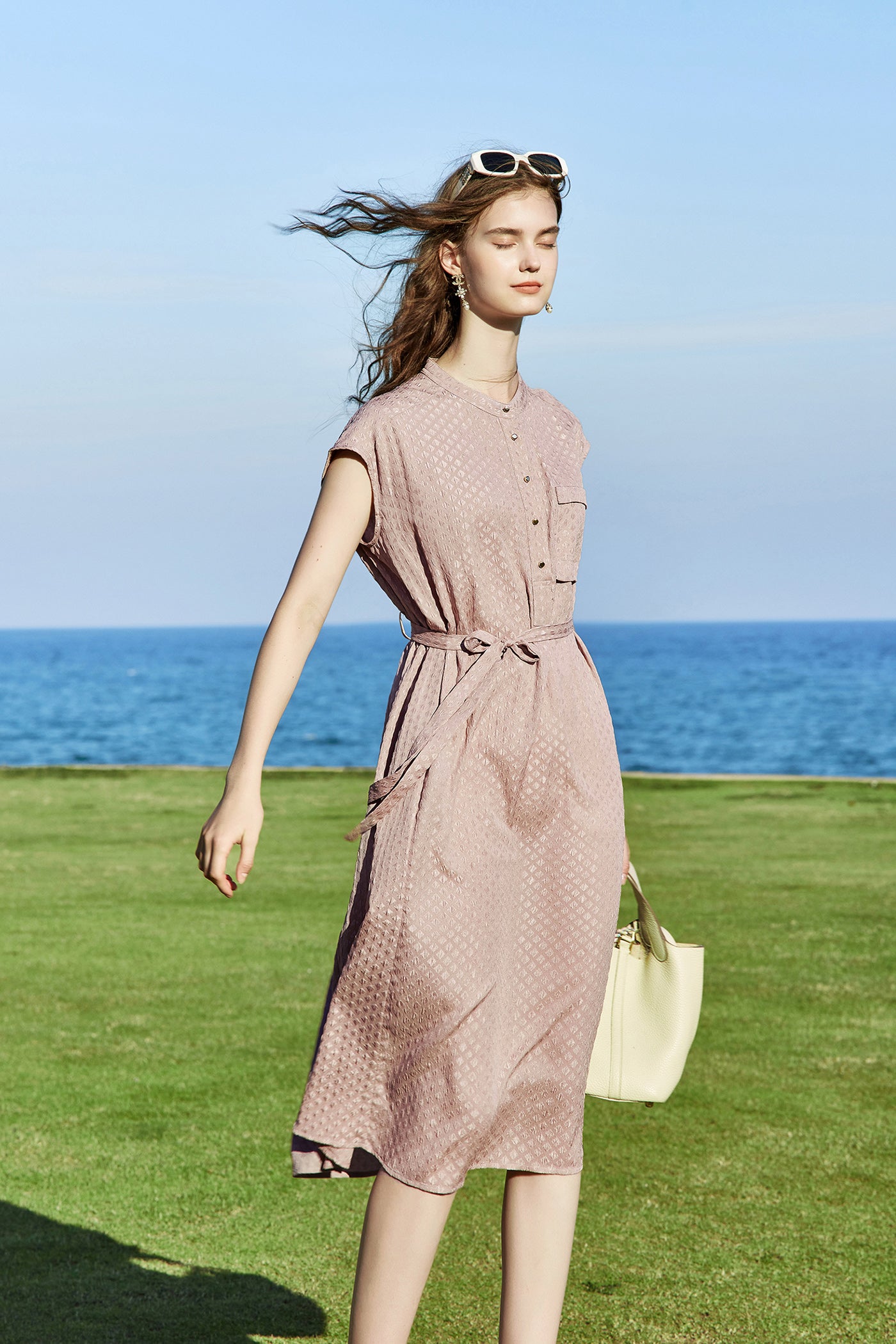 KAMILAN Jacquard Belted Dress in Misty Rose