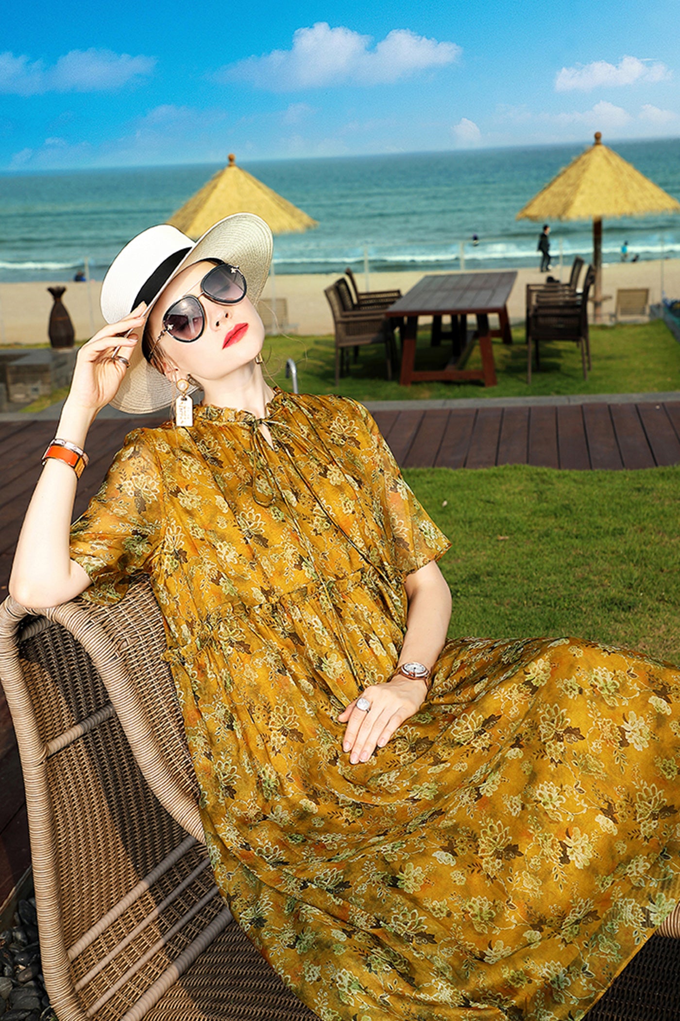 KAMILAN Floral Silk Midi Dress in Golden Blossom Print