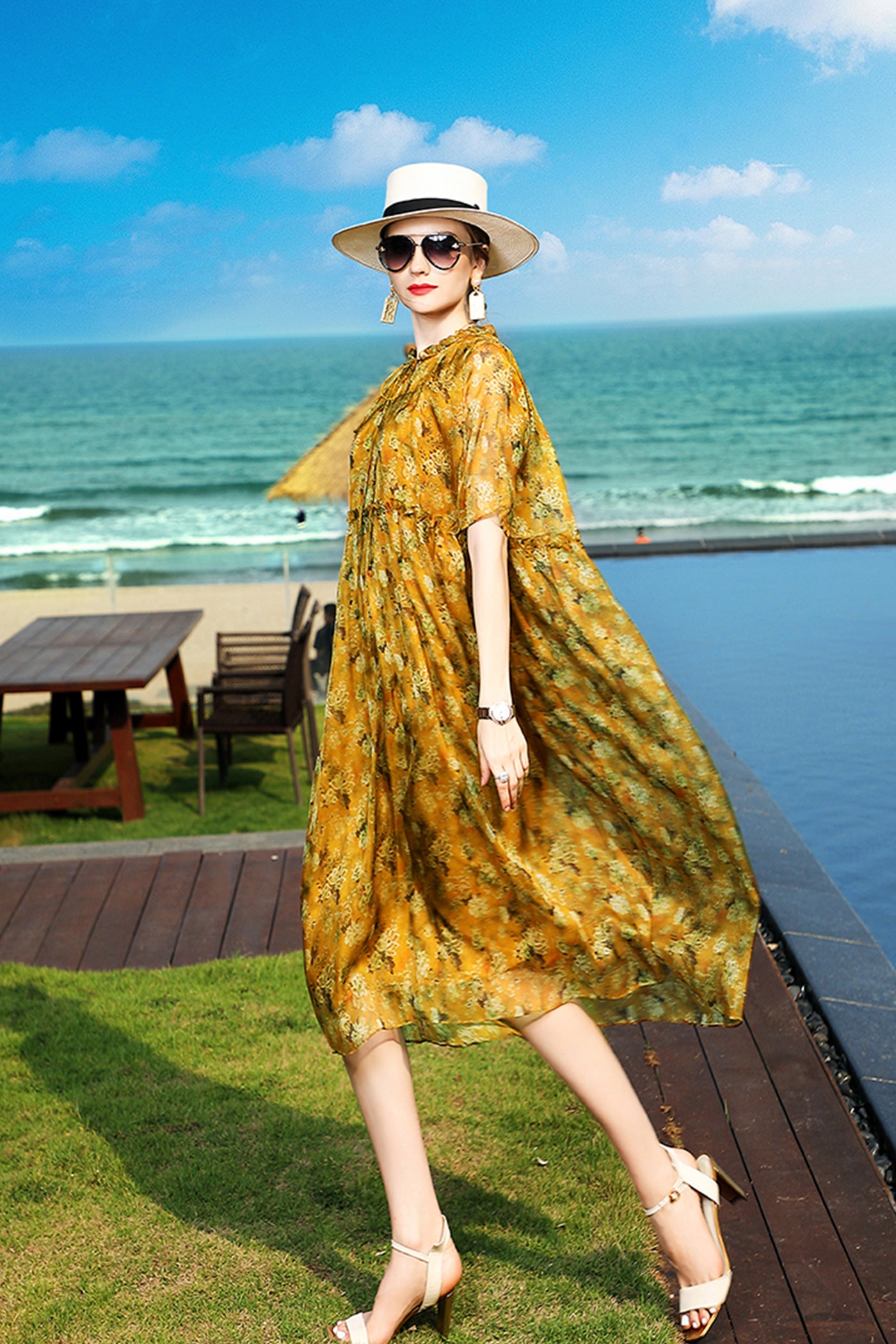 KAMILAN Floral Silk Midi Dress in Golden Blossom Print