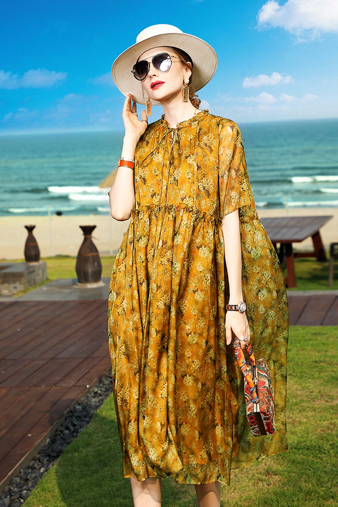 KAMILAN Floral Silk Midi Dress in Golden Blossom Print