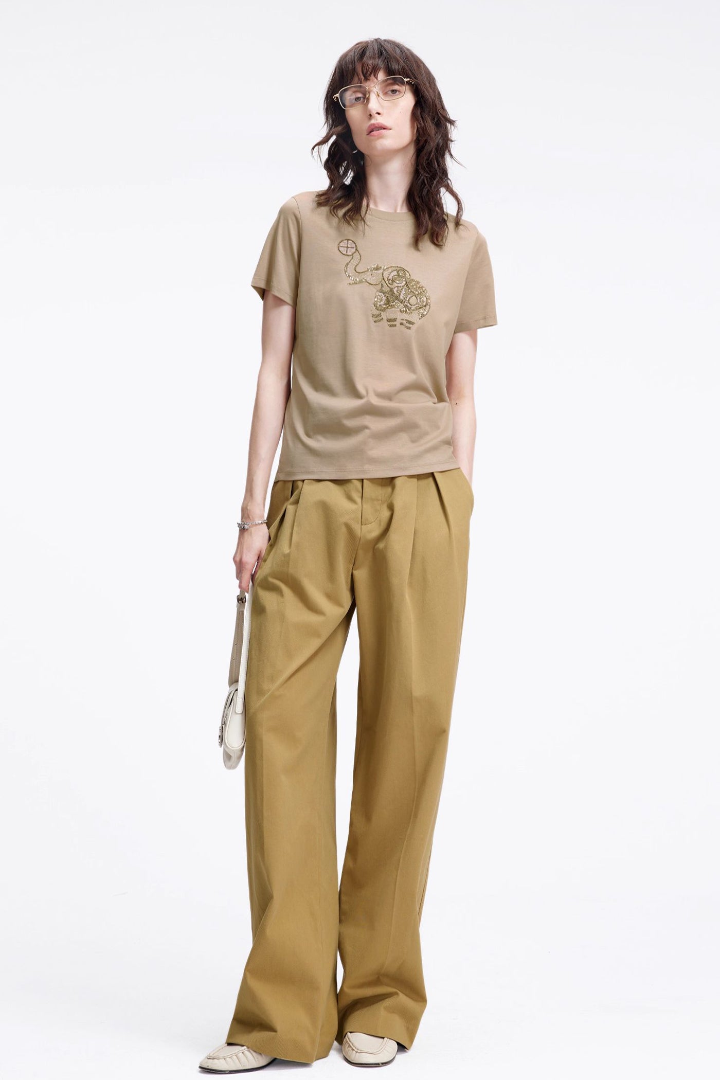 KAMILAN Embellished Tee with Beaded Elephant Motif