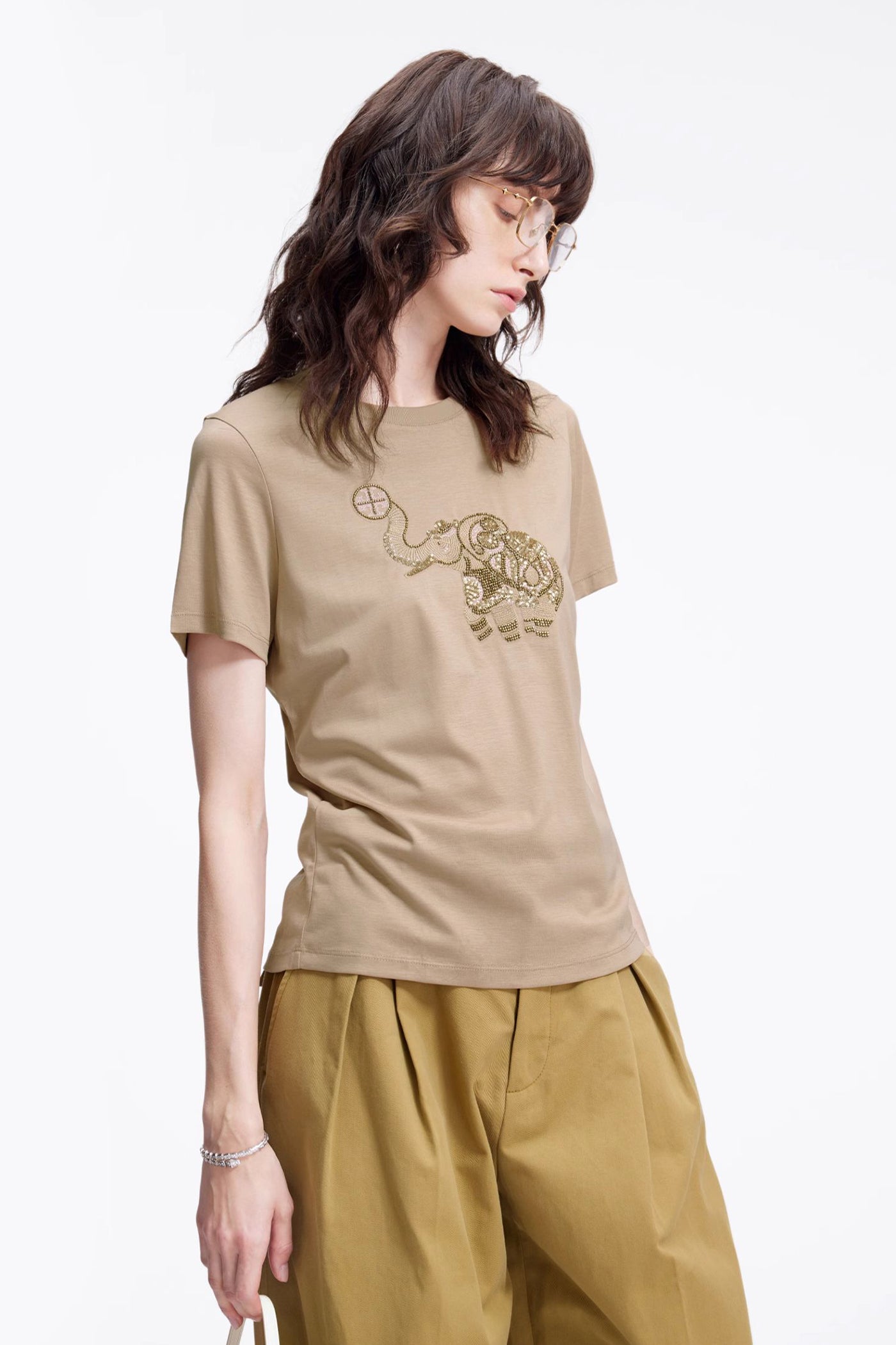 KAMILAN Embellished Tee with Beaded Elephant Motif