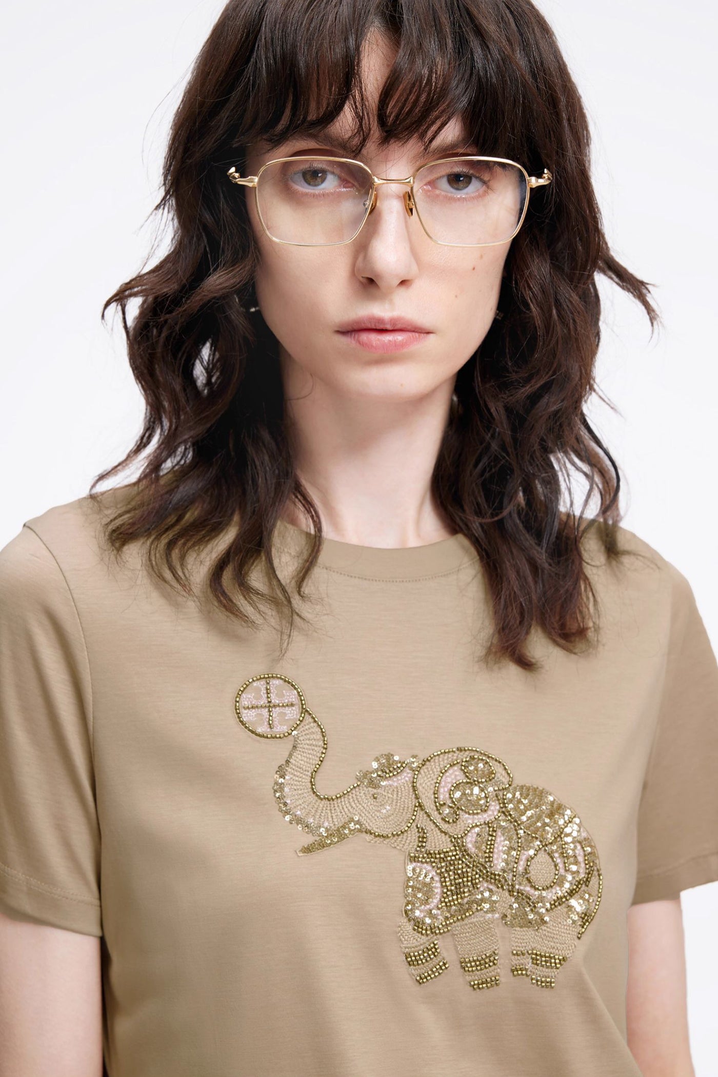 KAMILAN Embellished Tee with Beaded Elephant Motif