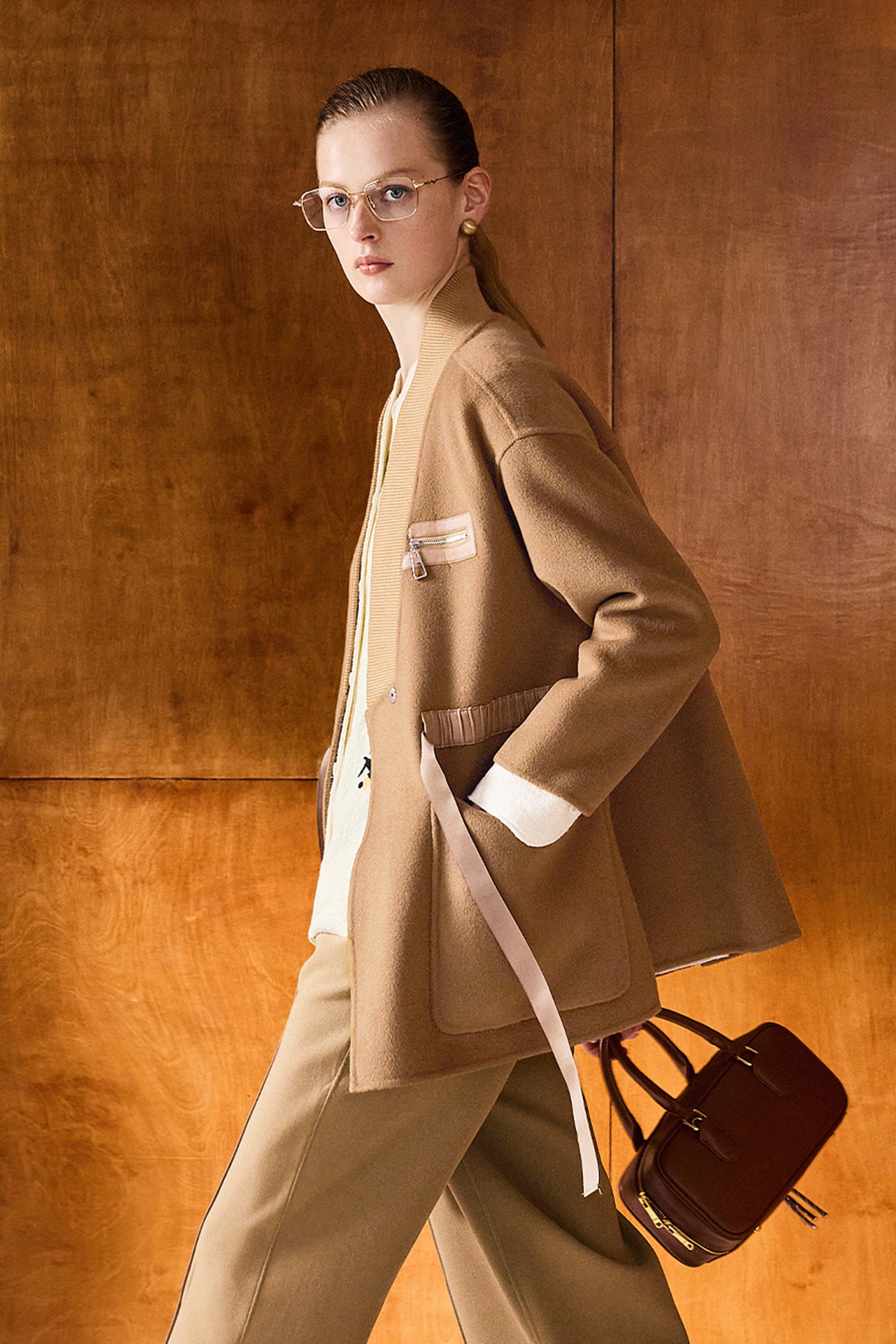 KAMILAN Pure Wool Coat in Camel with Grosgrain Waist Detailing