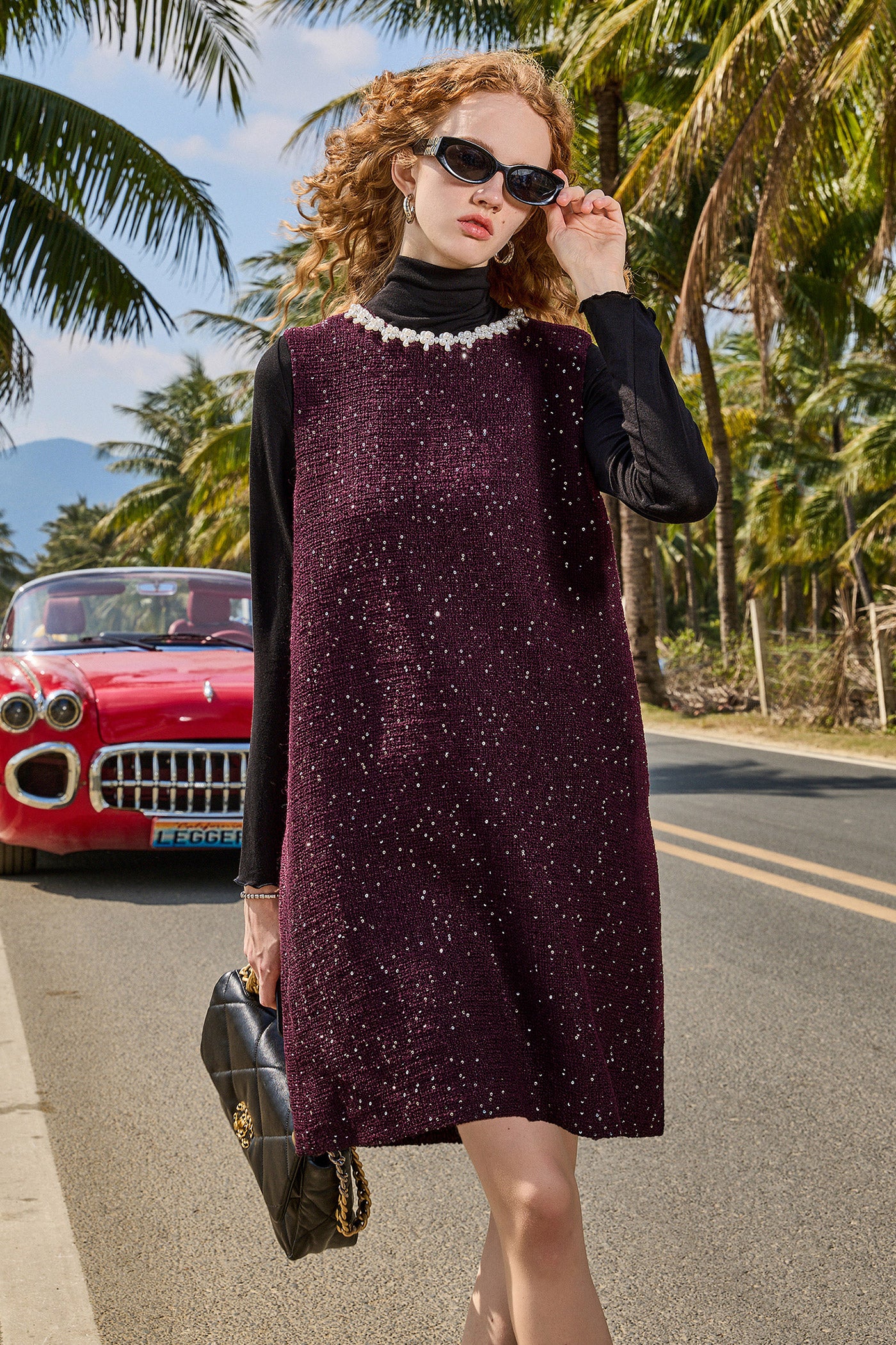 KAMILAN Embellished Wool Tweed Dress Set in Bordeaux