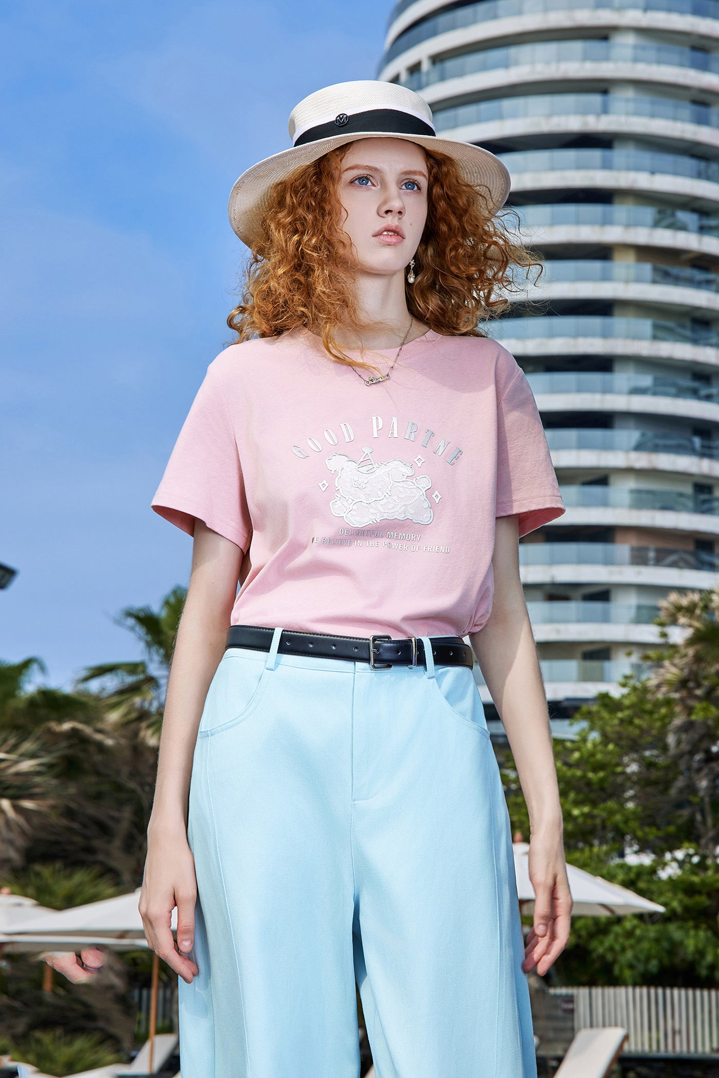 Kamilan Cotton Cartoon Print T-Shirt in Soft Pink