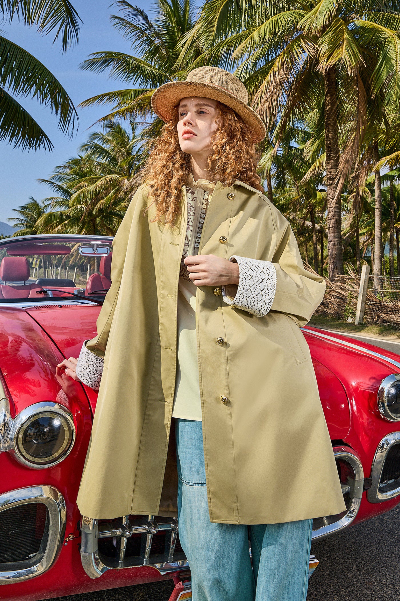 KAMILAN Mid-Length Tailored Coat with Lace Cuff Detail