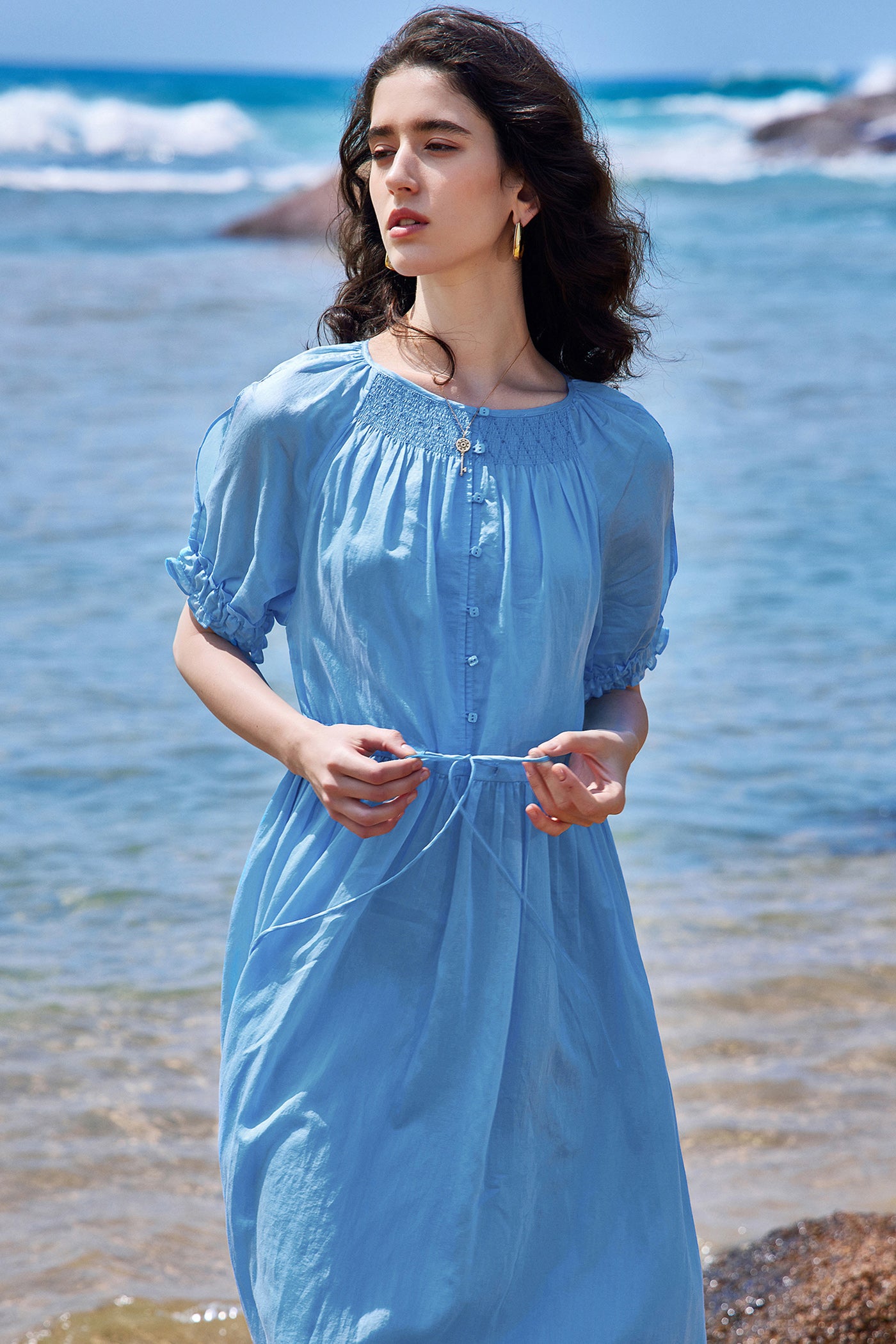 KAMILAN Gathered Midi Dress with Delicate Tie Detailing