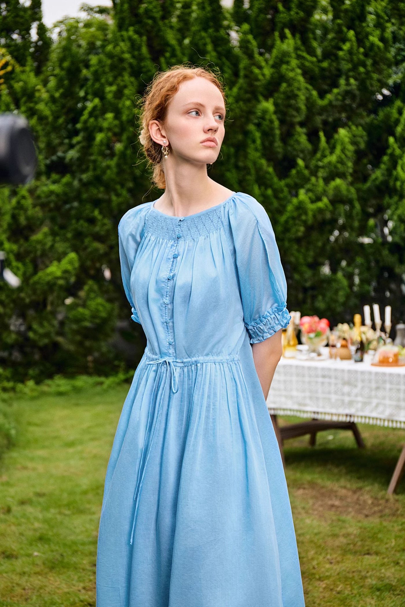 KAMILAN Gathered Midi Dress with Delicate Tie Detailing