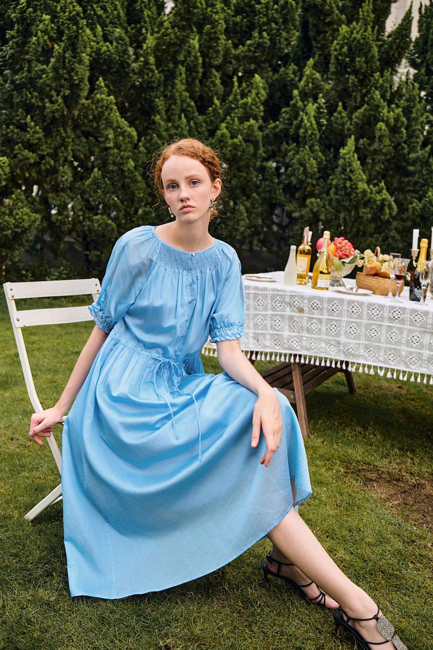 KAMILAN Gathered Midi Dress with Delicate Tie Detailing