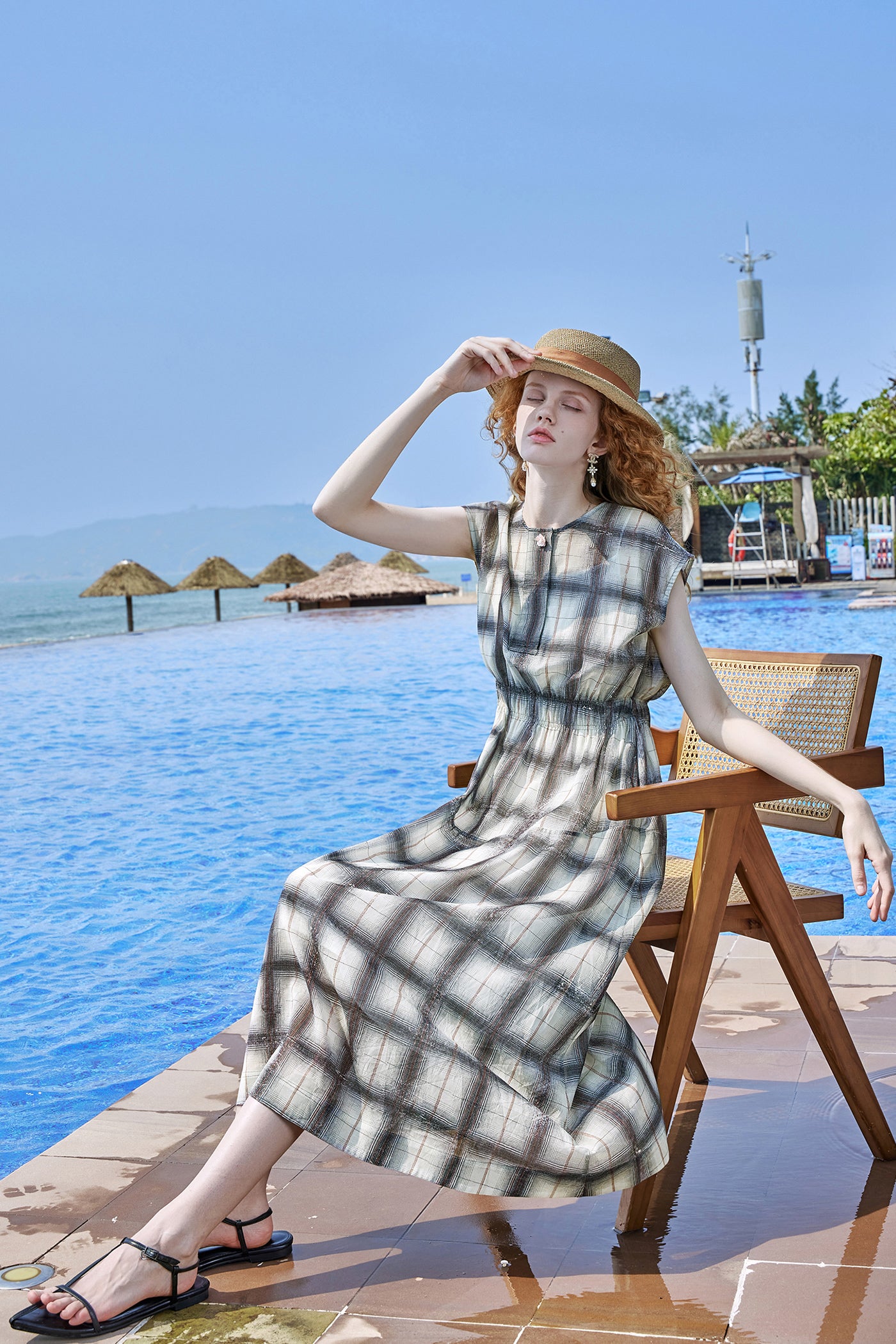KAMILAN Cinched-Waist Checked Midi Dress