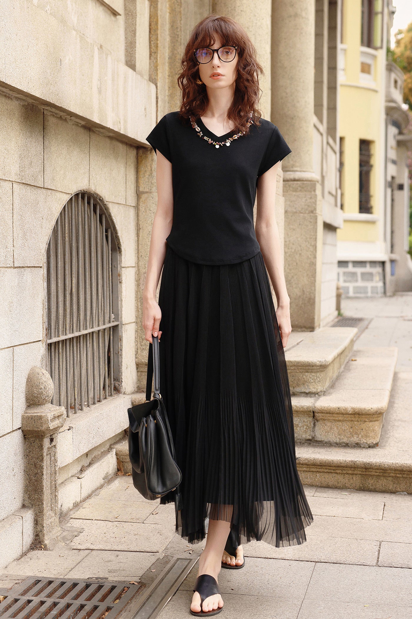 KAMILAN Embellished V-Neck Short-Sleeve Tee