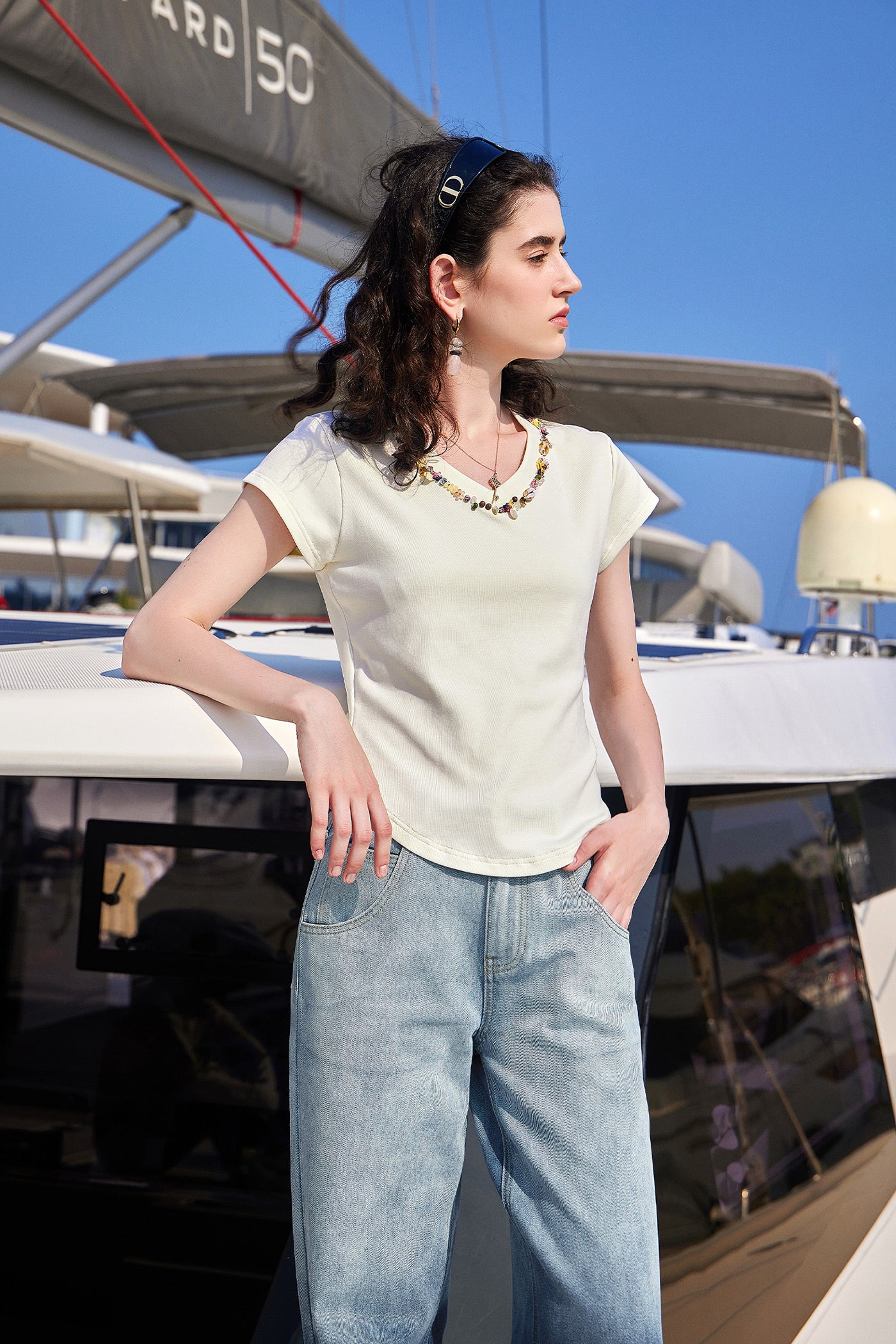 KAMILAN Embellished V-Neck Short-Sleeve Tee