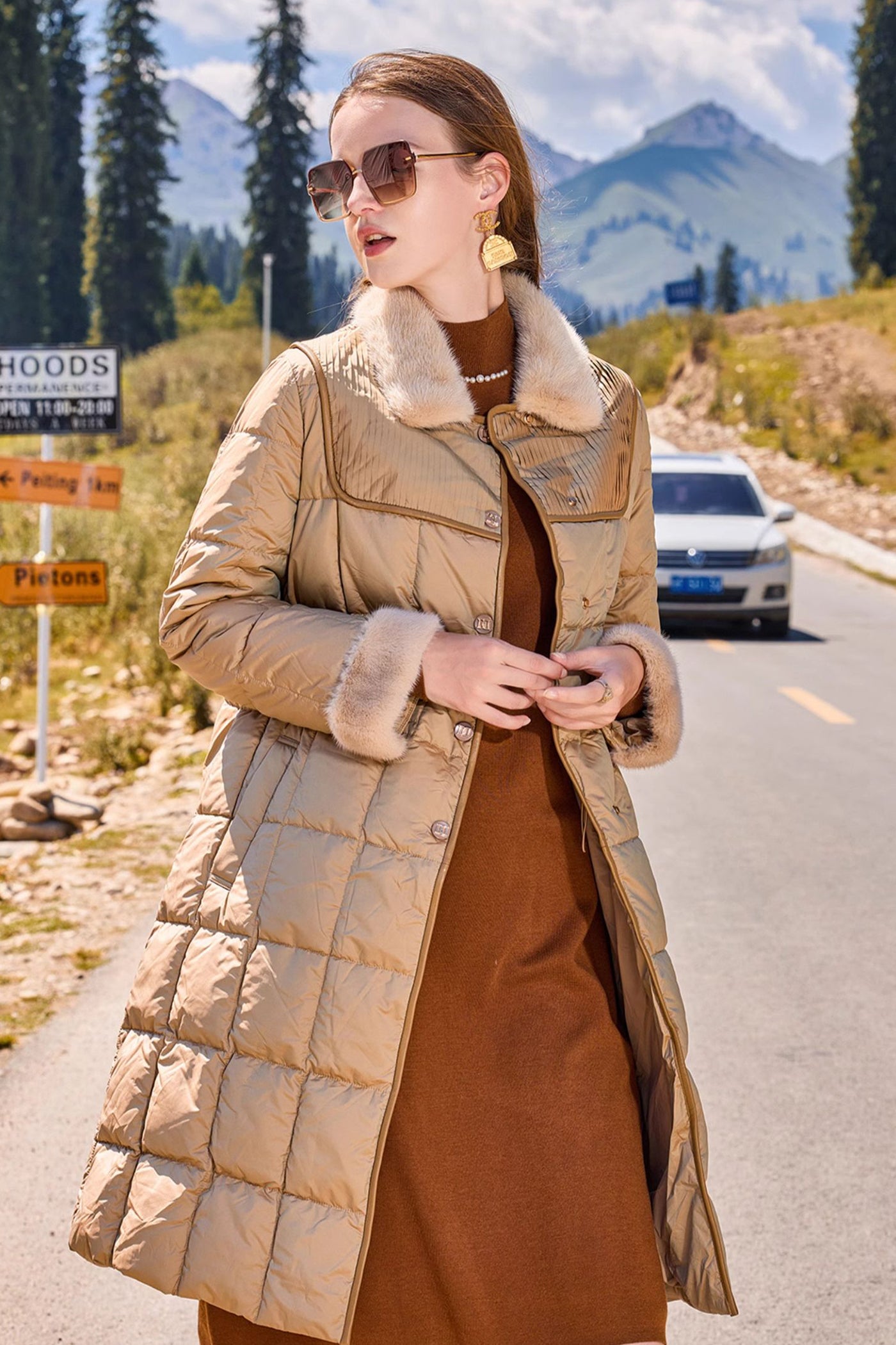 KAMILAN Women's 2025 Down Coat – Fur Collar Long Winter Jacket in Plaid Check Pattern
