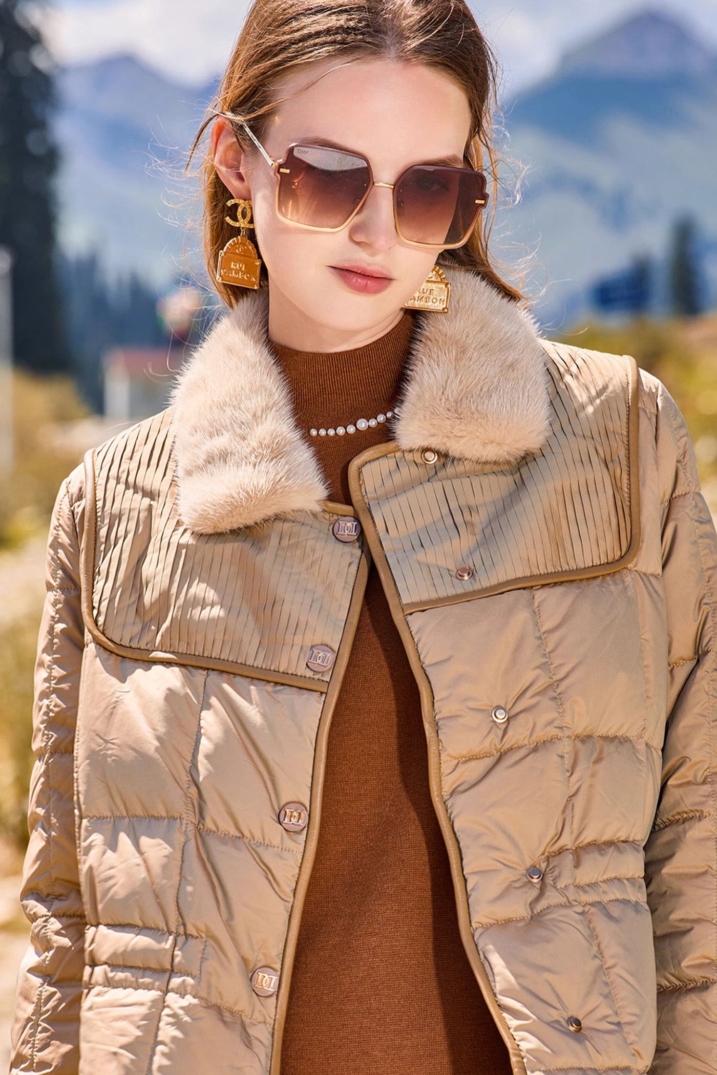 KAMILAN Women's 2025 Down Coat – Fur Collar Long Winter Jacket in Plaid Check Pattern