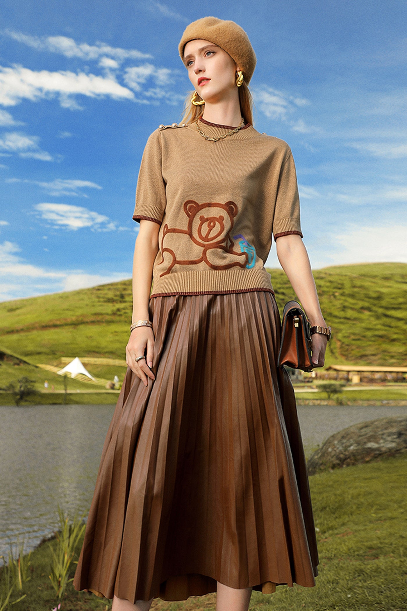 KAMILAN Women's PU Leather Pleated Skirt – 2025 Autumn Winter New Mid-Length A-Line Skirt