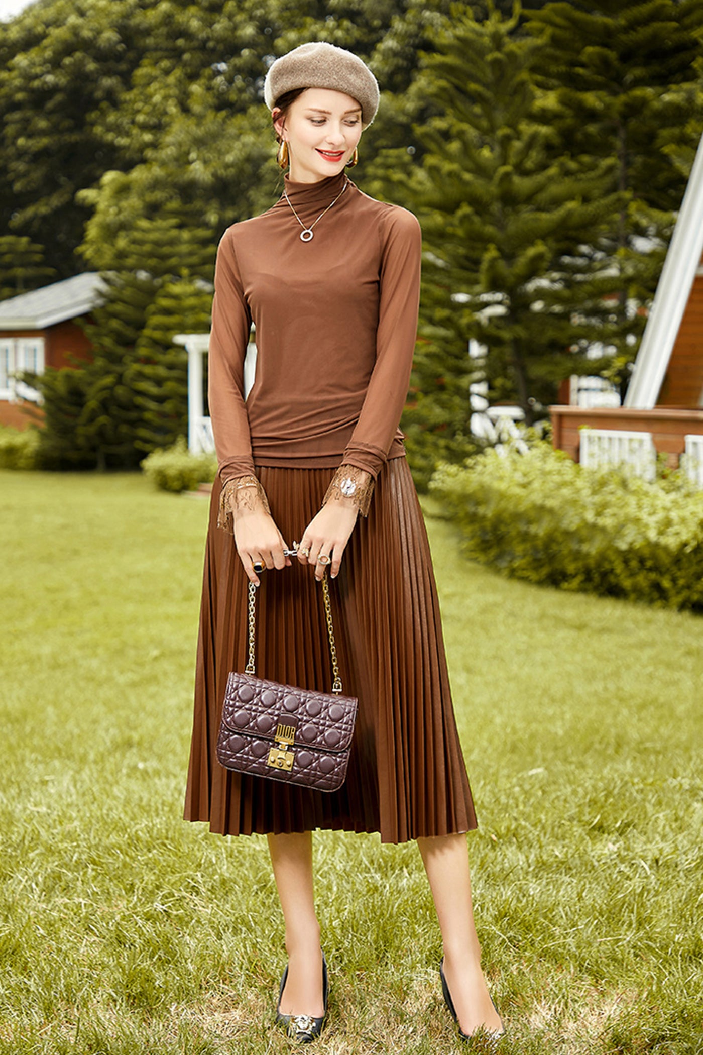 KAMILAN Women's PU Leather Pleated Skirt – 2025 Autumn Winter New Mid-Length A-Line Skirt