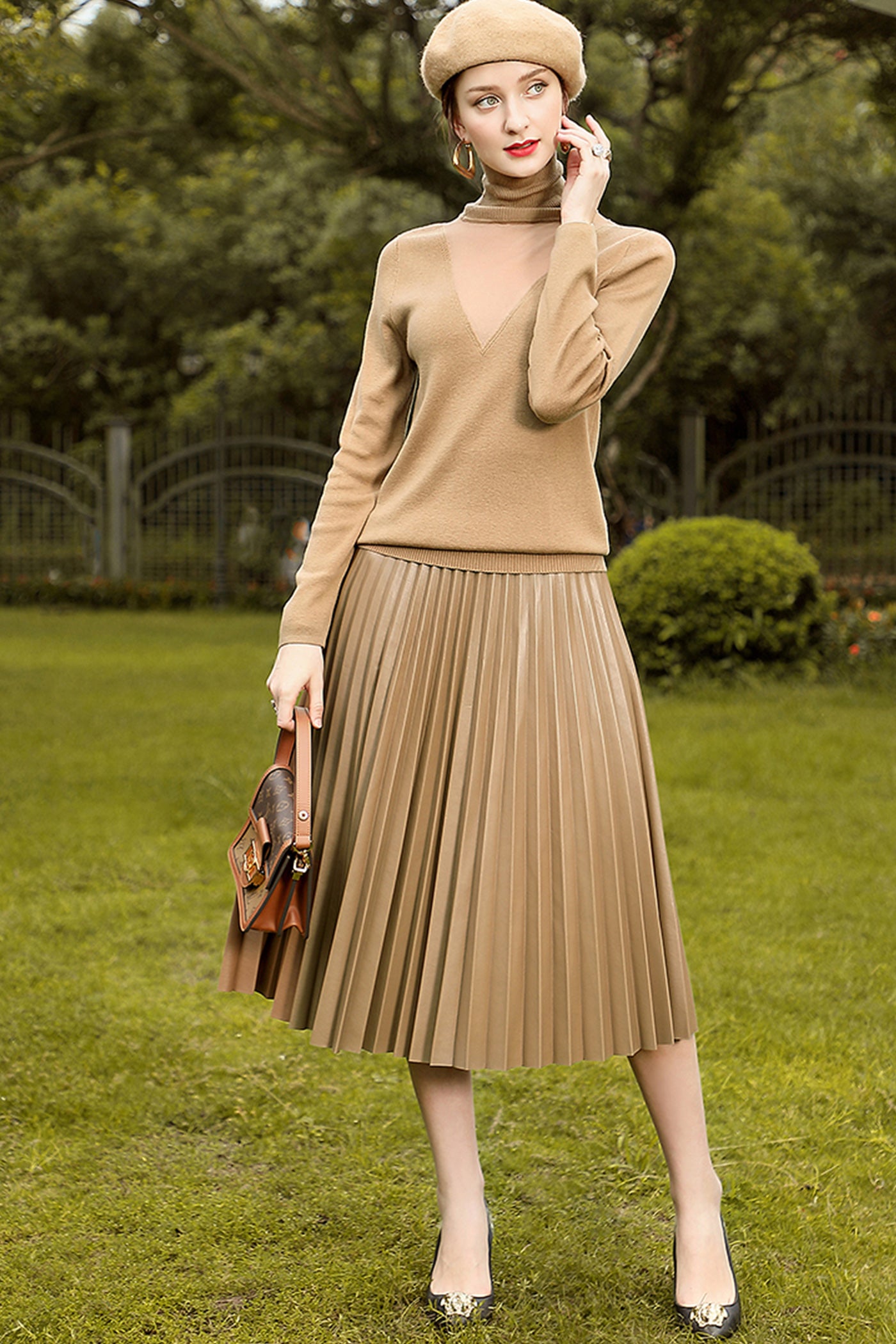 KAMILAN Women's PU Leather Pleated Skirt – 2025 Autumn Winter New Mid-Length A-Line Skirt