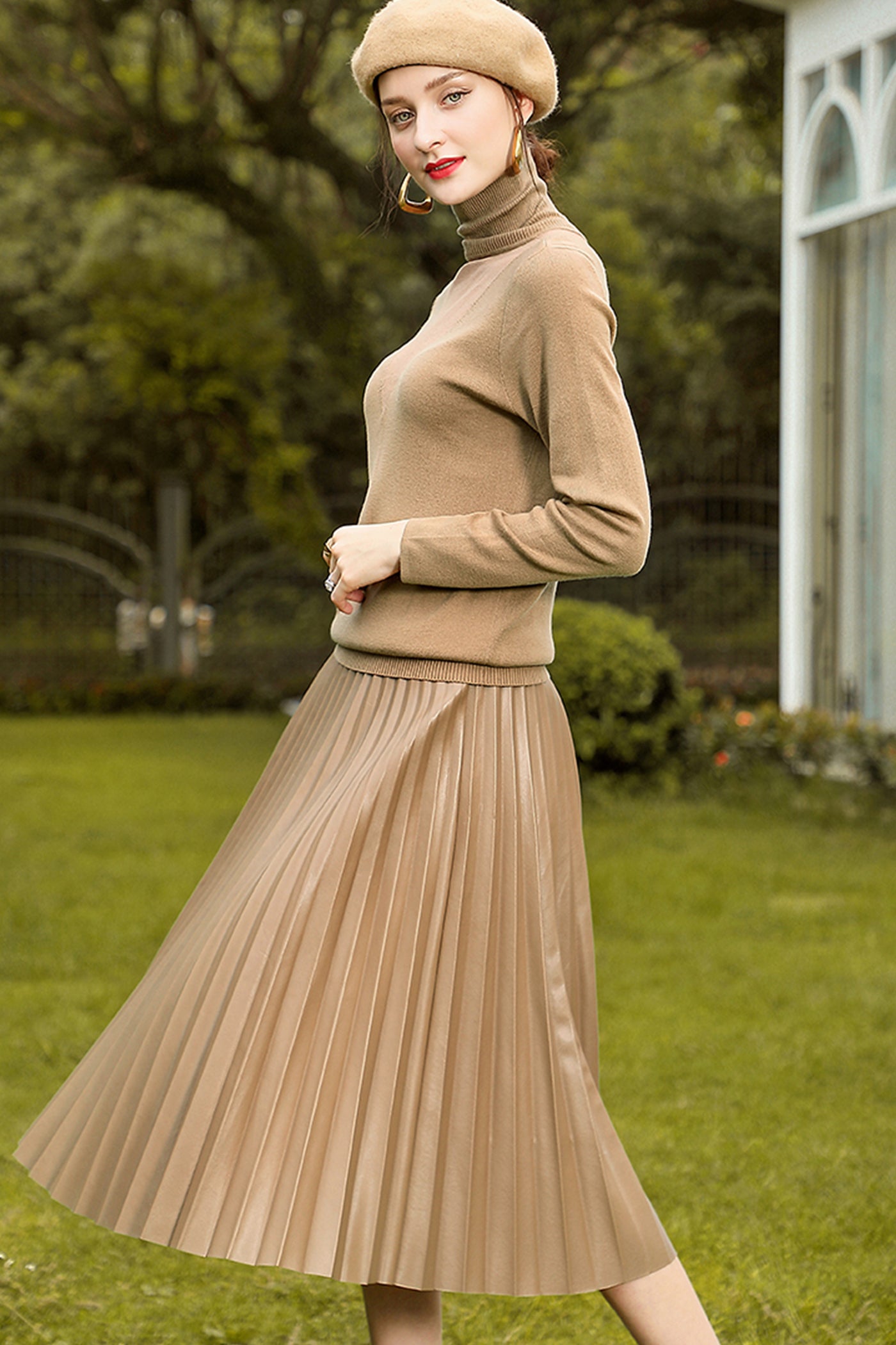 KAMILAN Women's PU Leather Pleated Skirt – 2025 Autumn Winter New Mid-Length A-Line Skirt