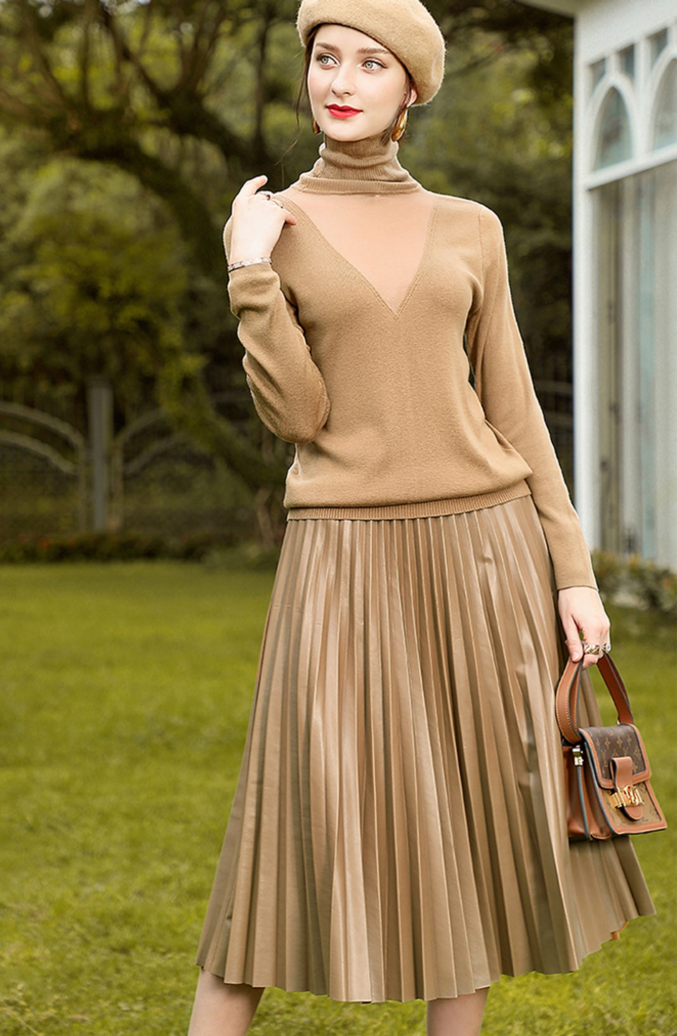 KAMILAN Women's PU Leather Pleated Skirt – 2025 Autumn Winter New Mid-Length A-Line Skirt