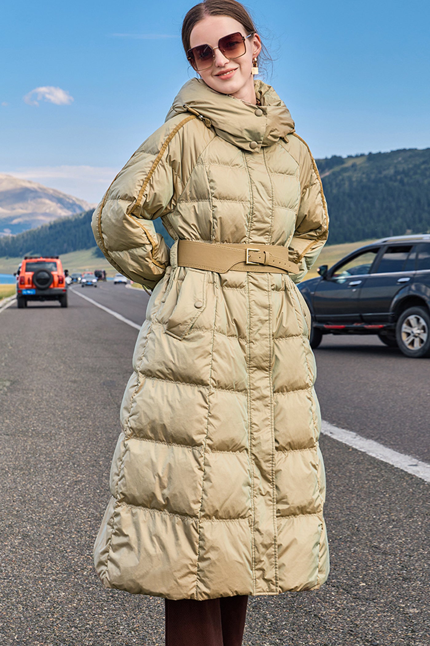 KAMILAN Women's White Goose Down Coat – 2025 Winter New Mid-Length Hooded Puffer Jacket