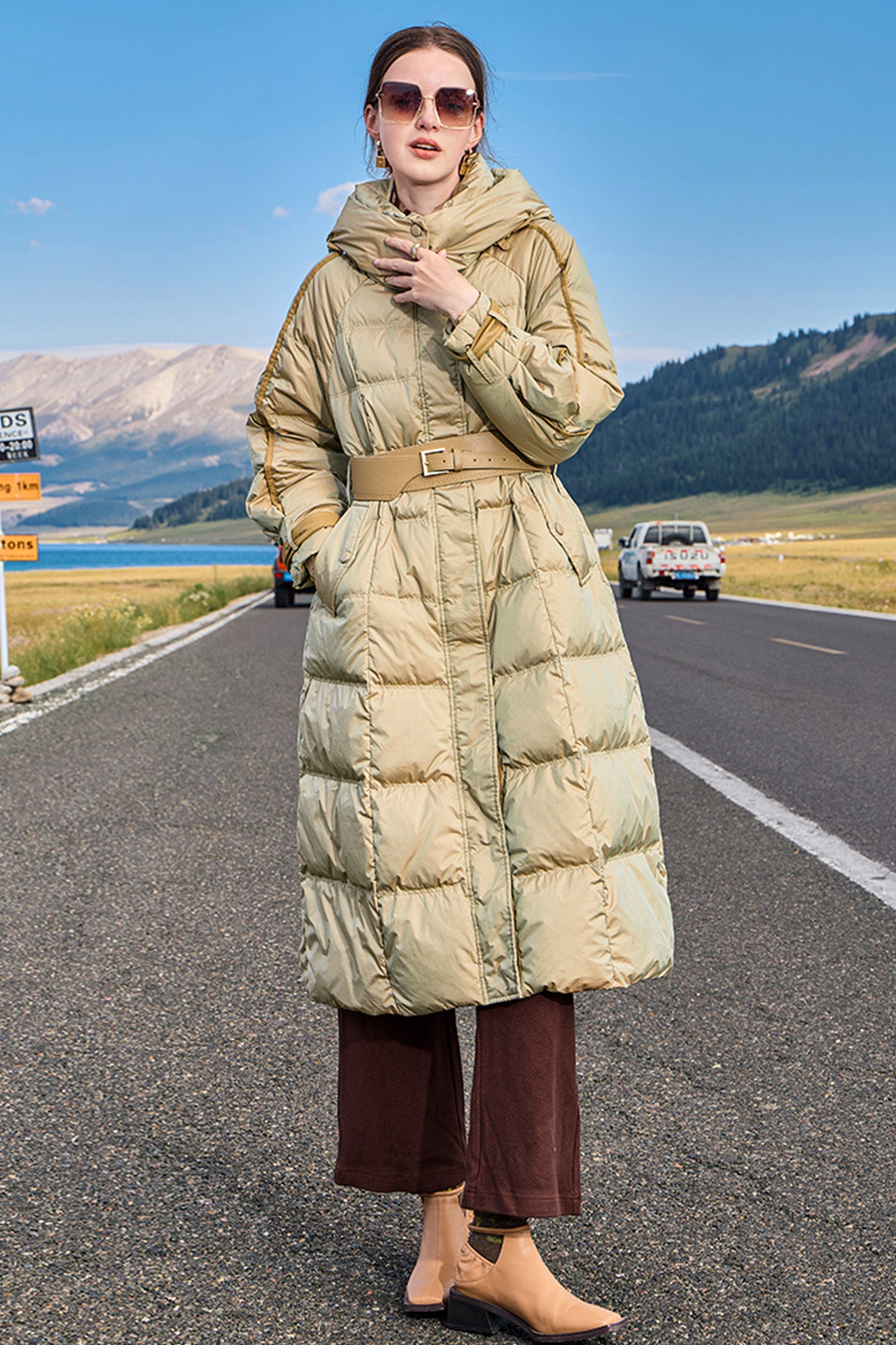 KAMILAN Women's White Goose Down Coat – 2025 Winter New Mid-Length Hooded Puffer Jacket