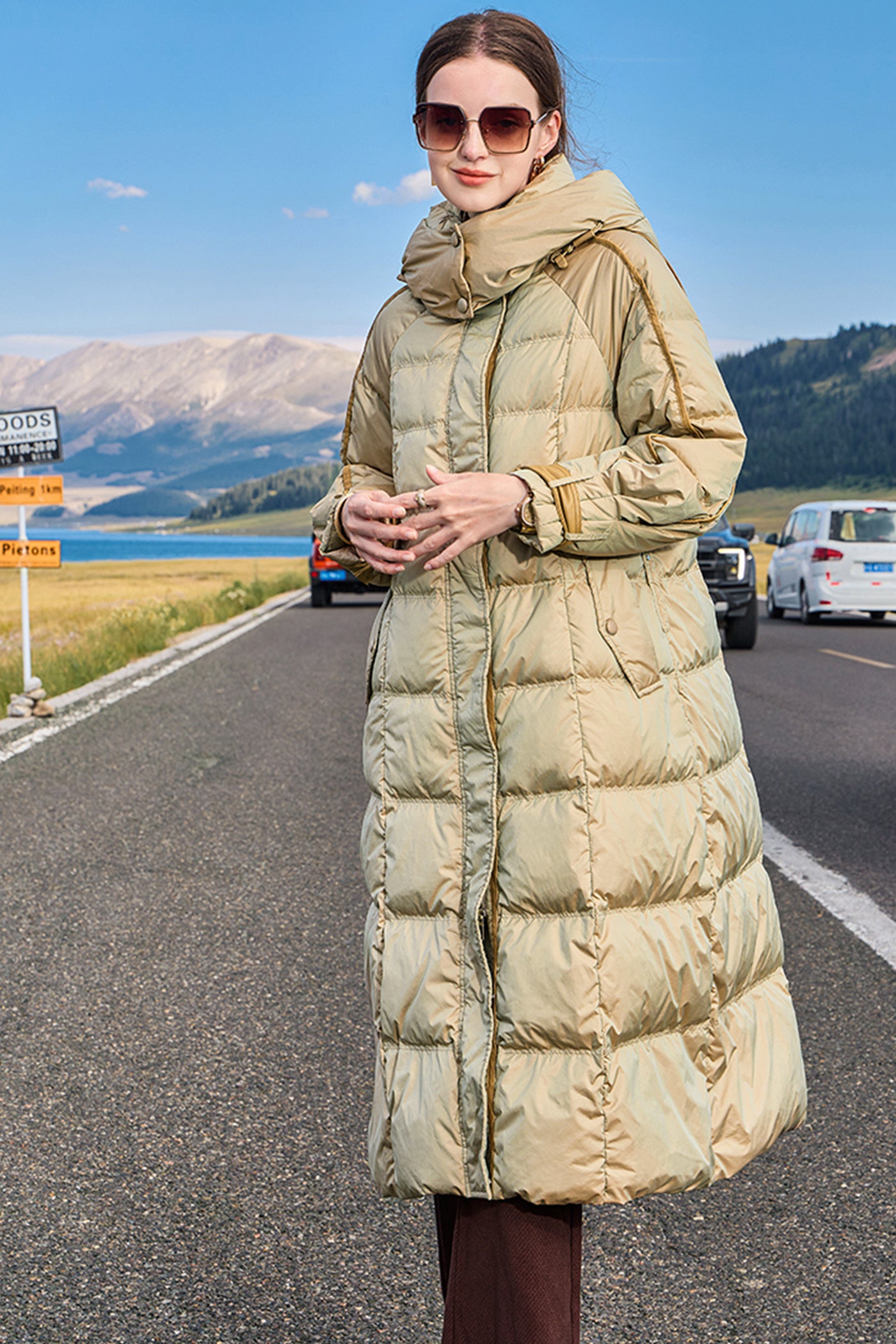 KAMILAN Women's White Goose Down Coat – 2025 Winter New Mid-Length Hooded Puffer Jacket