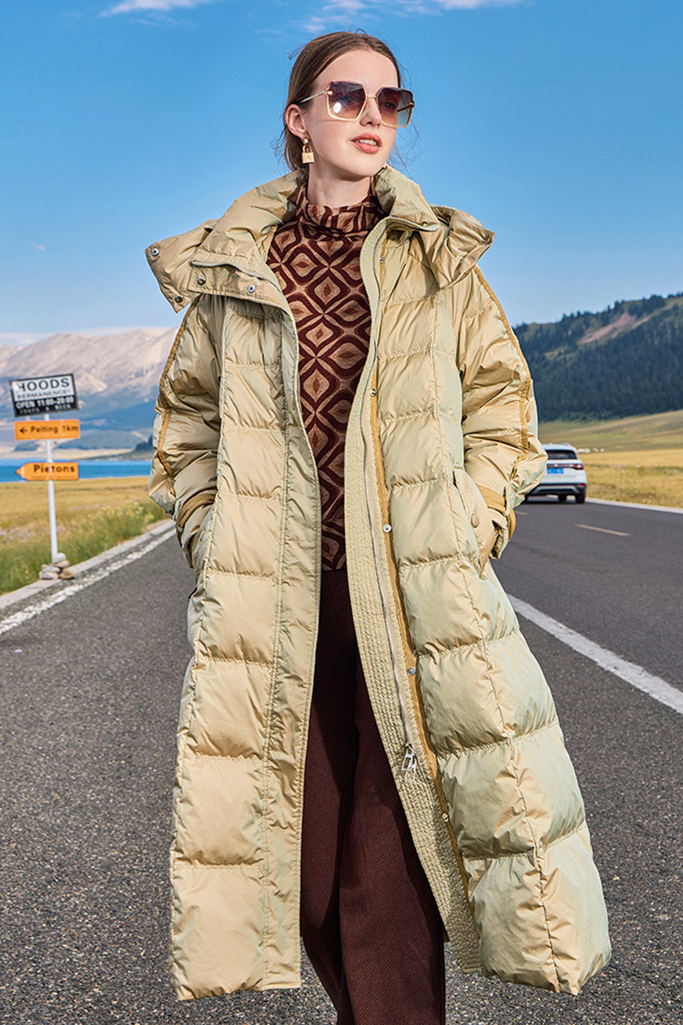 KAMILAN Women's White Goose Down Coat – 2025 Winter New Mid-Length Hooded Puffer Jacket
